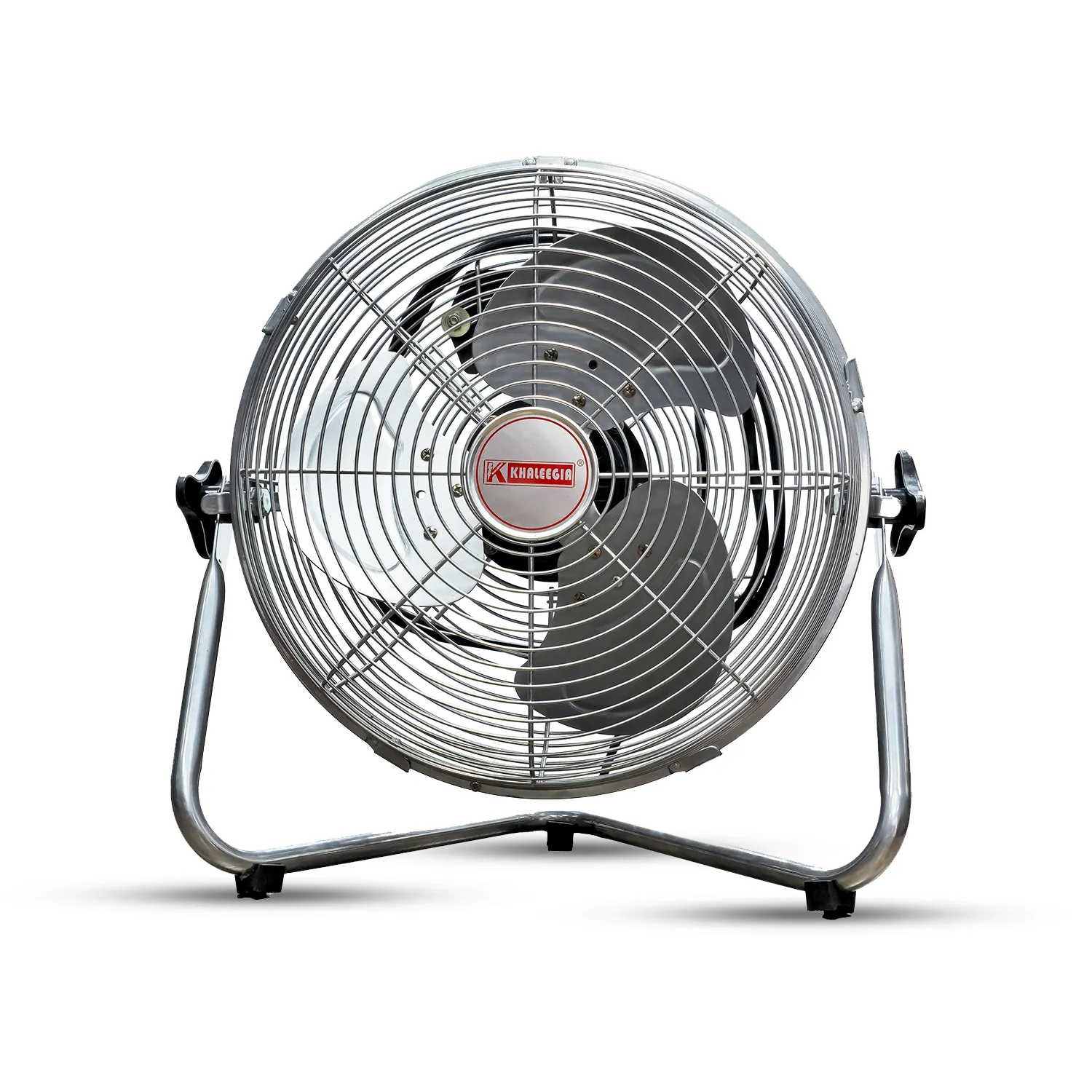 Khaleegia KD-30 12-inch chrome high-velocity floor fan with three aluminum blades on a wide chrome tubular floor cradle, front view
