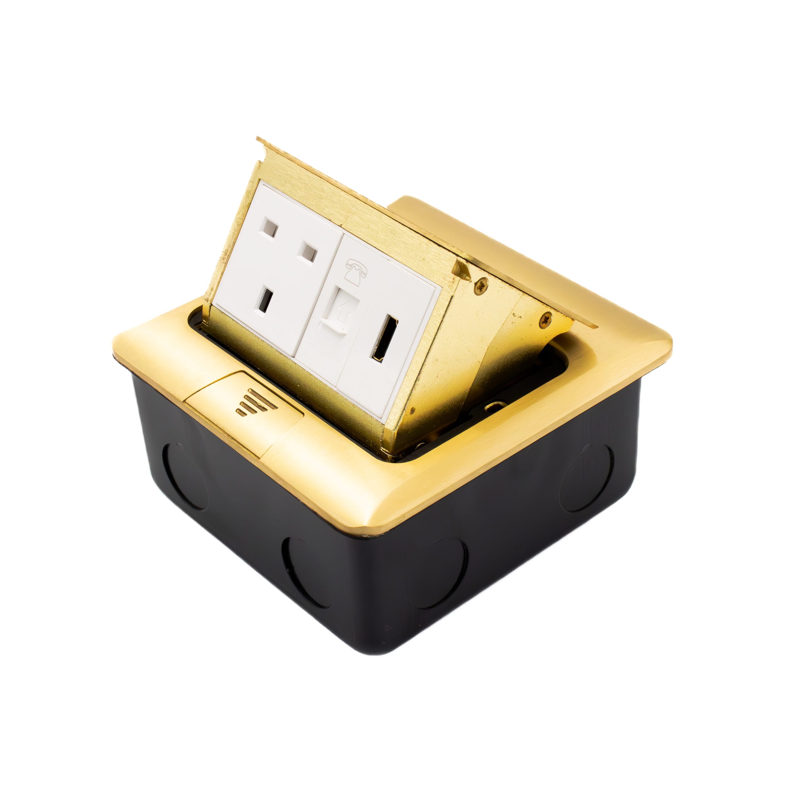 Admore APU13CHD-G 1 gang 13A brushed gold pop-up floor socket with UK Type G outlet, HDMI port, and RJ45 data port