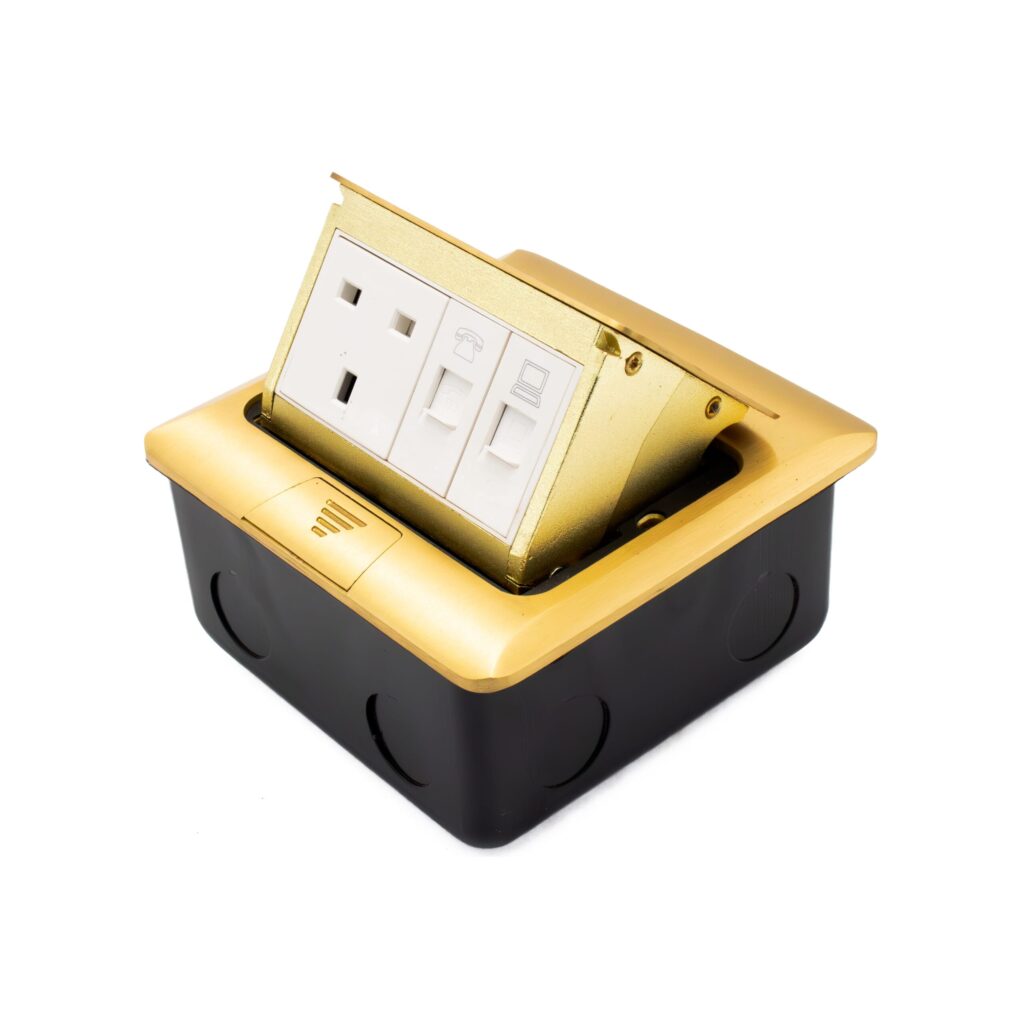 Admore APU13D11-G 1 gang 13A brushed gold pop-up floor socket with UK Type G outlet, RJ45 data port, and RJ11 telephone port