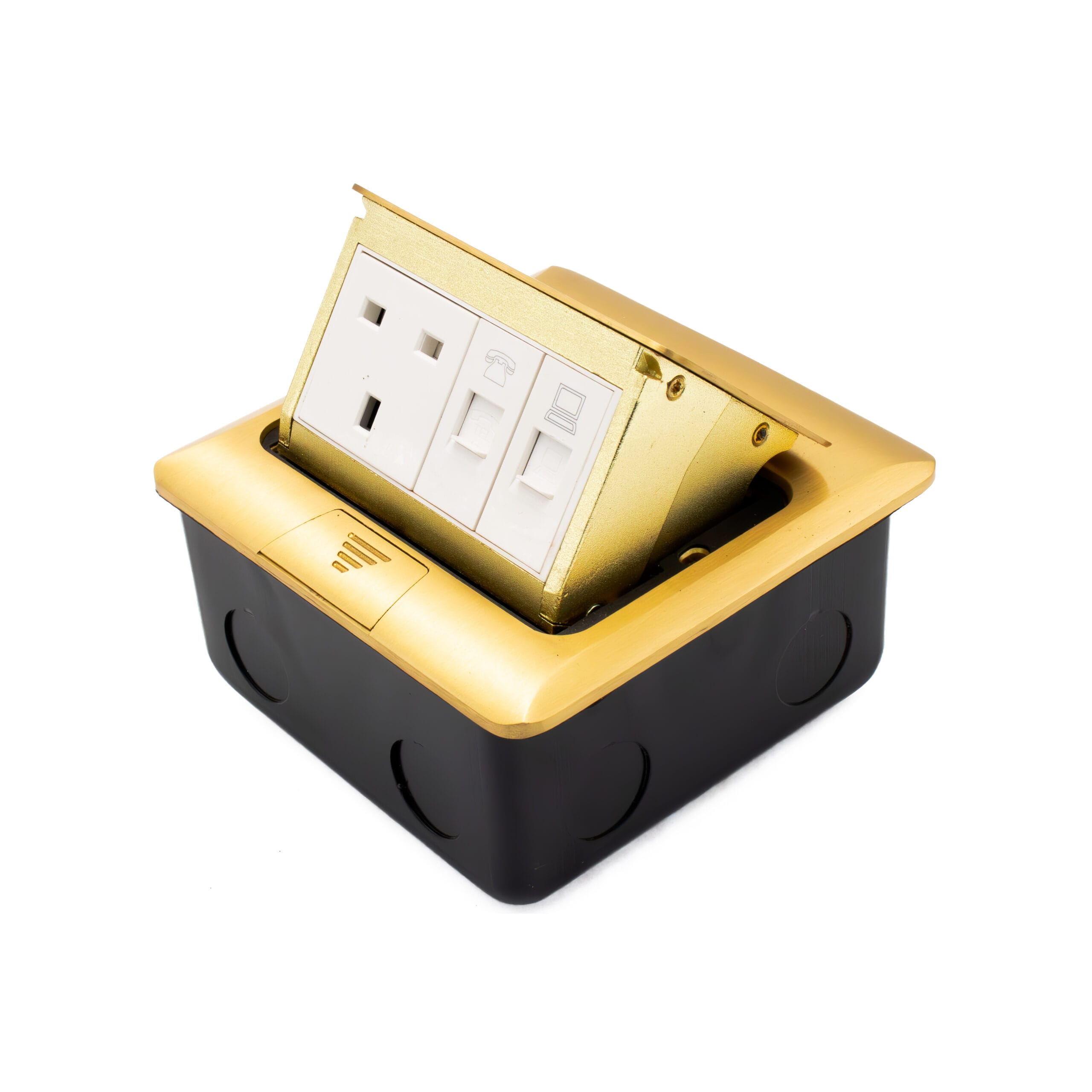 Admore APU13D11-G 1 gang 13A brushed gold pop-up floor socket with UK Type G outlet, RJ45 data port, and RJ11 telephone port