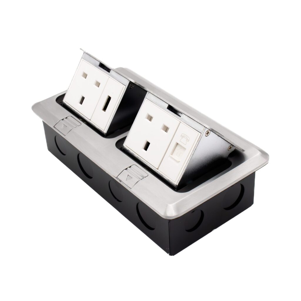 Admore APU13-2CHD 2 gang 13A brushed chrome pop-up floor socket with HDMI port and RJ45 data port alongside two UK Type G outlets