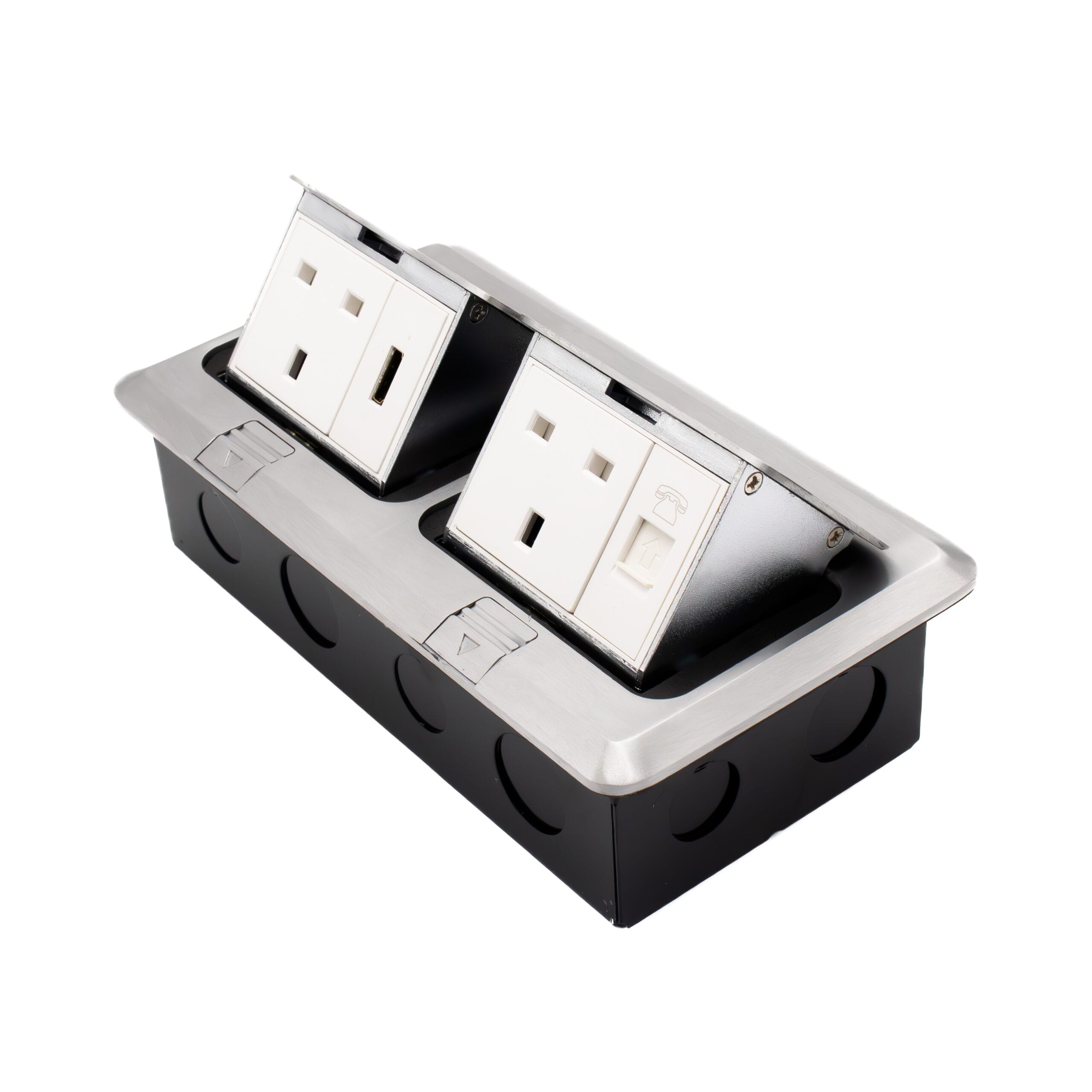 Admore APU13-2CHD 2 gang 13A brushed chrome pop-up floor socket with HDMI port and RJ45 data port alongside two UK Type G outlets