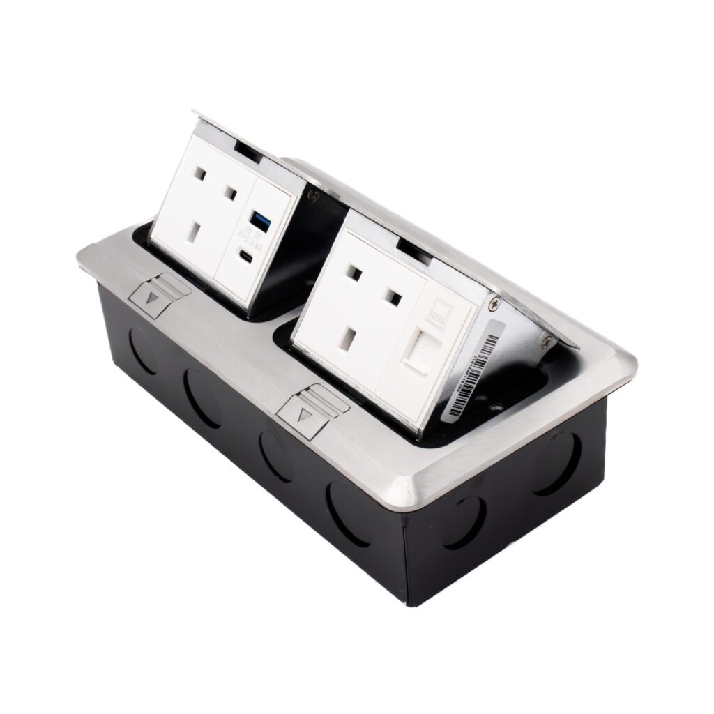 Admore AP-18G 2 gang 13A brushed chrome pop-up floor socket with two UK Type G outlets, USB-A, USB-C, and RJ45 data port