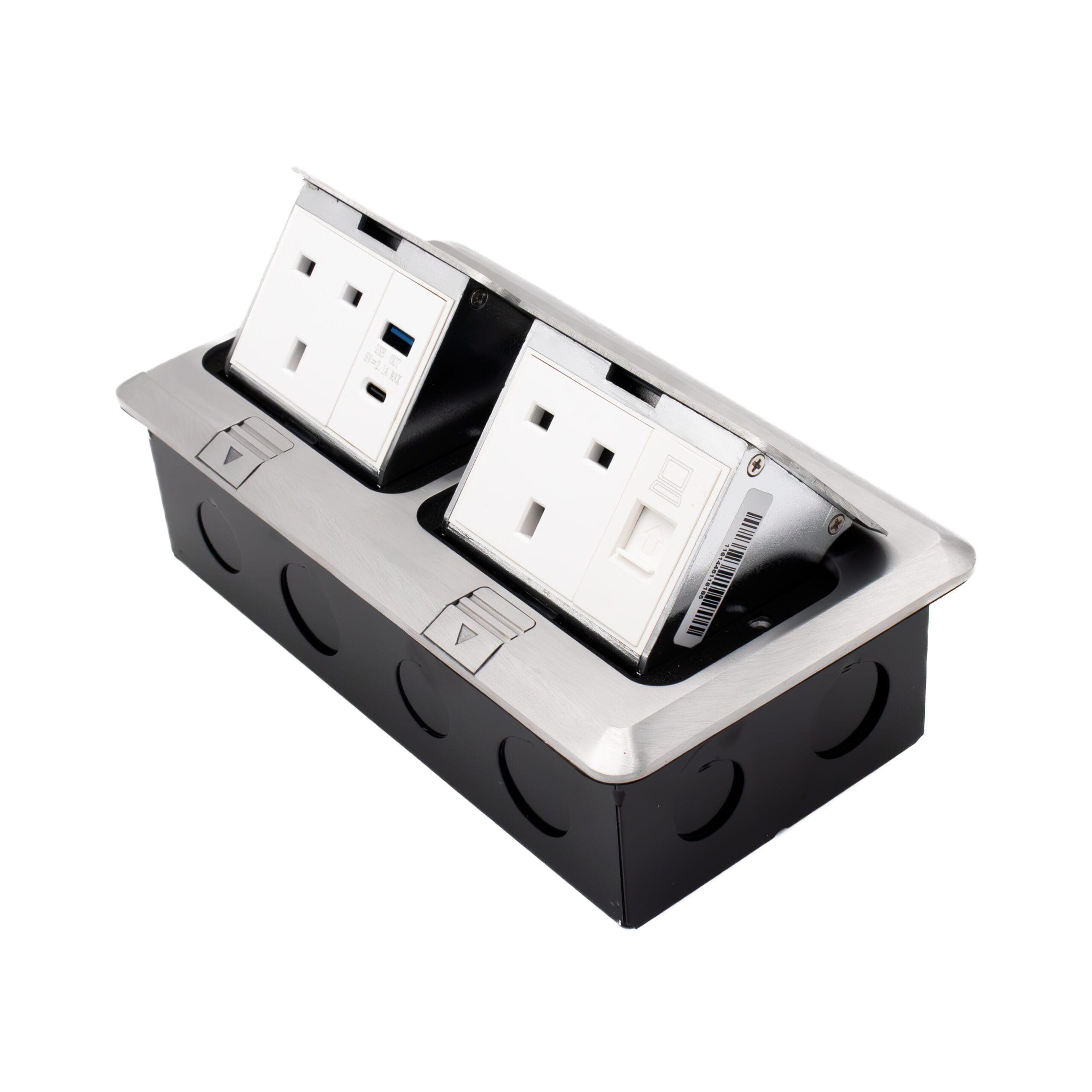 Admore AP-18G 2 gang 13A brushed chrome pop-up floor socket with two UK Type G outlets, USB-A, USB-C, and RJ45 data port
