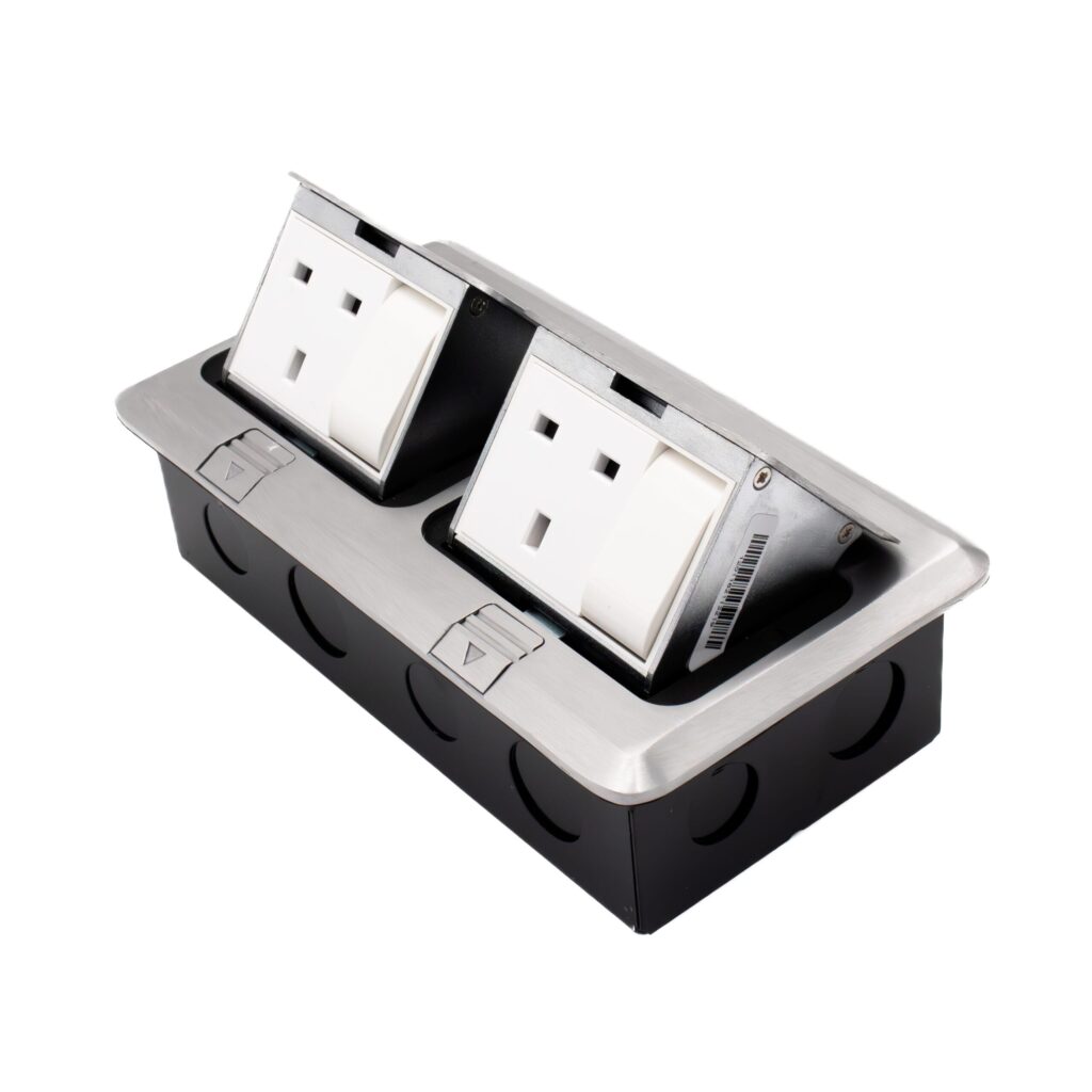 Admore APU13-2S 2 gang 13A switched brushed chrome pop-up floor socket with two UK Type G outlets with integrated switches