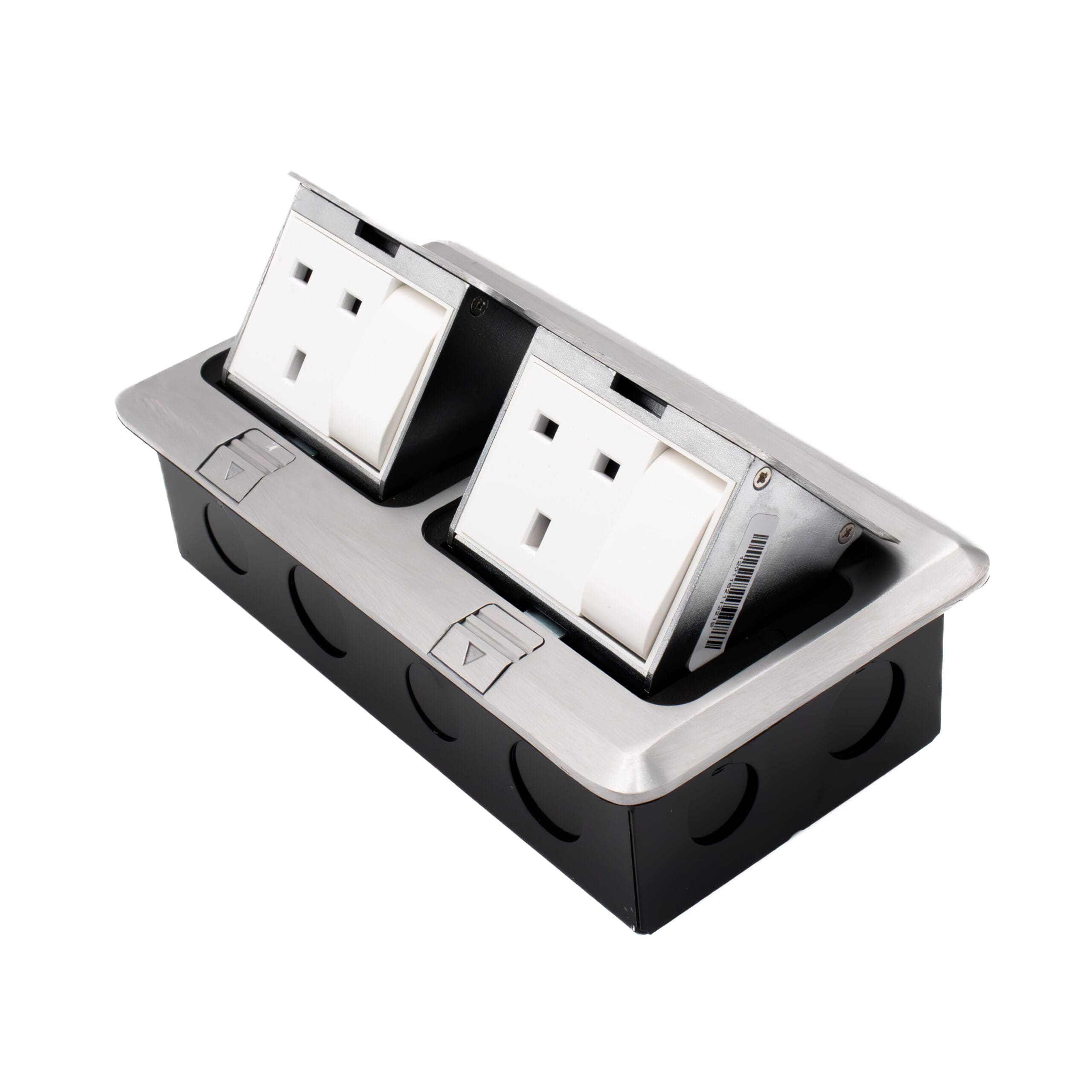 Admore APU13-2S 2 gang 13A switched brushed chrome pop-up floor socket with two UK Type G outlets with integrated switches