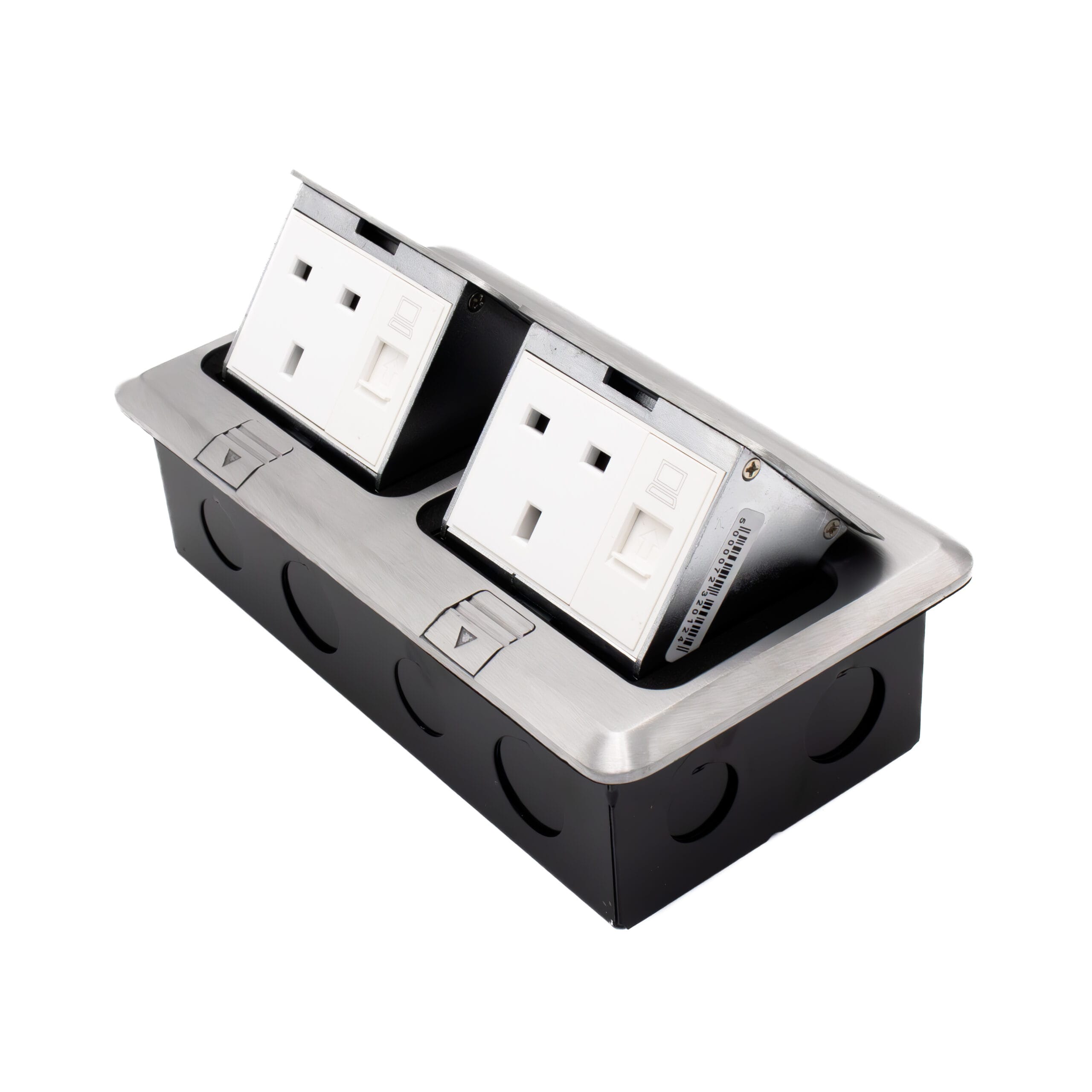 Admore APU13-2-D2 2 gang 13A brushed chrome pop-up floor socket with two UK Type G outlets and two RJ45 data ports