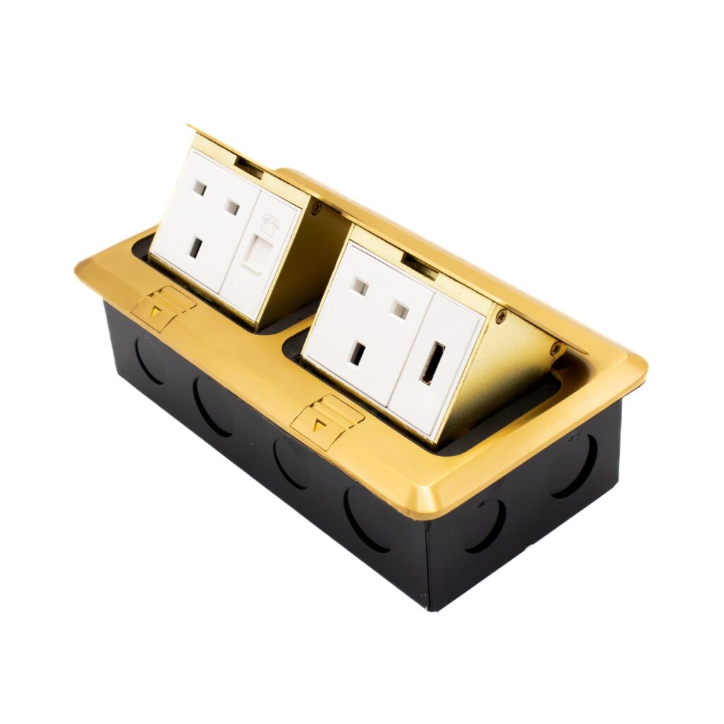Admore APU13-2CHD-G 2 gang 13A brushed gold pop-up floor socket with two UK Type G outlets, HDMI port, and RJ45 data port