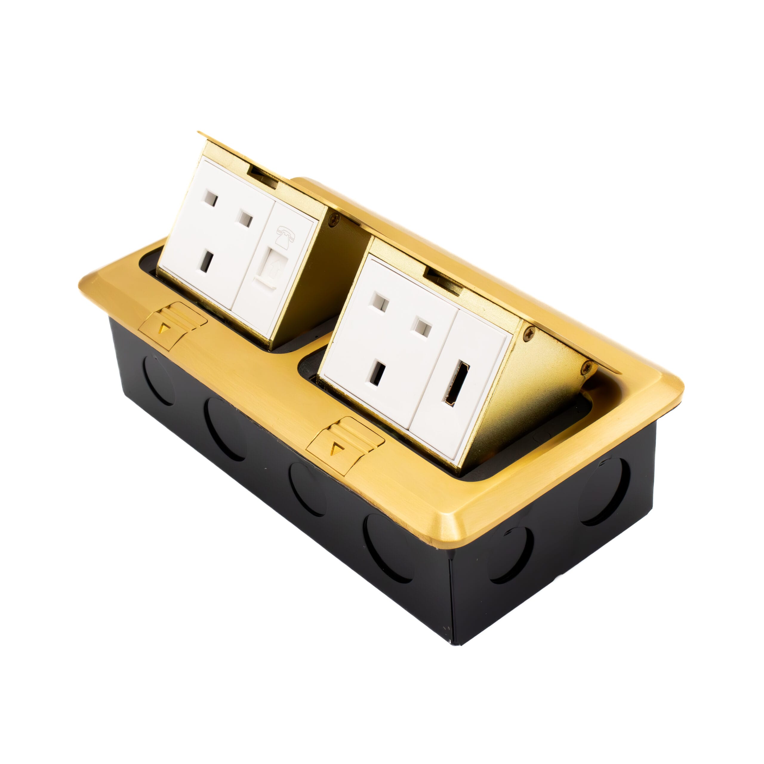 Admore APU13-2CHD-G 2 gang 13A brushed gold pop-up floor socket with two UK Type G outlets, HDMI port, and RJ45 data port