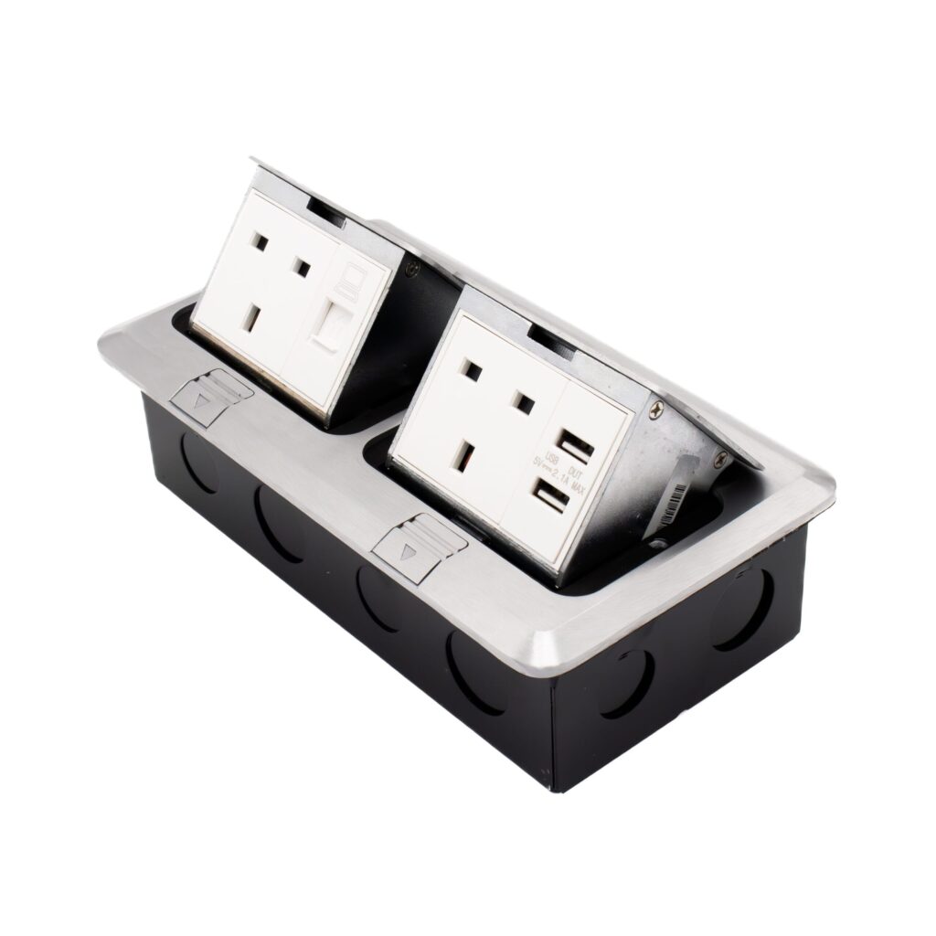 Admore APU13-2-USB+D 2 gang 13A brushed chrome pop-up floor socket with two UK Type G outlets, data port, and two USB-A charging ports