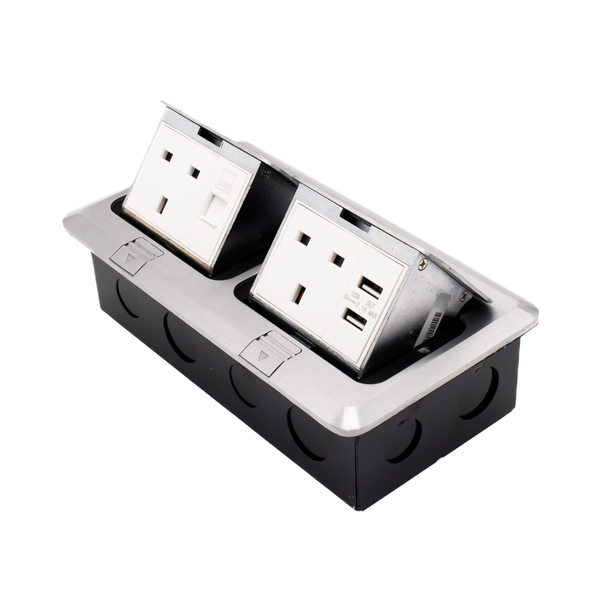 Admore APU13-2-USB+D 2 gang 13A brushed chrome pop-up floor socket with two UK Type G outlets, data port, and two USB-A charging ports