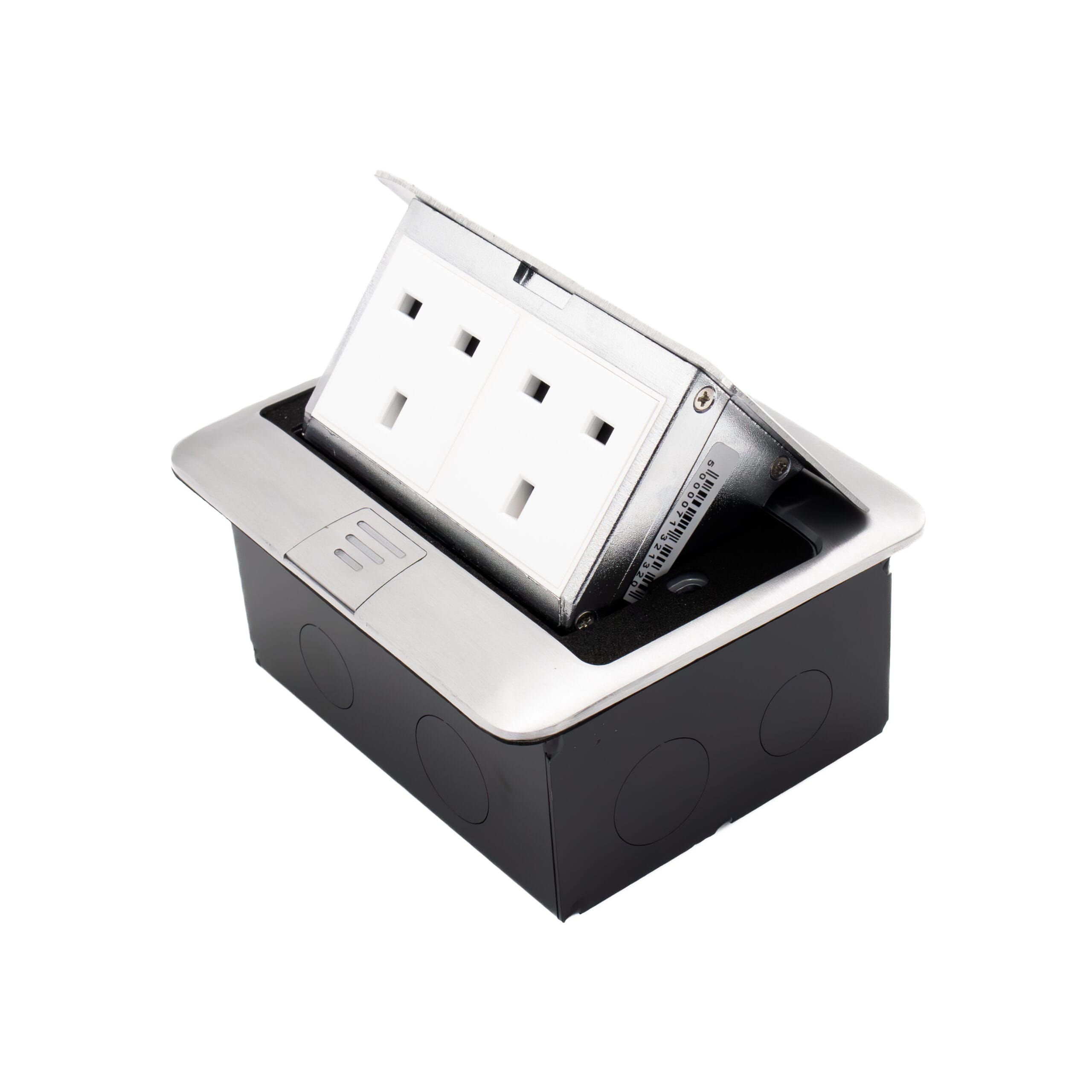 Admore APU13-2 2 gang 13A brushed chrome pop-up floor socket with two UK Type G outlets, popup mechanism visible