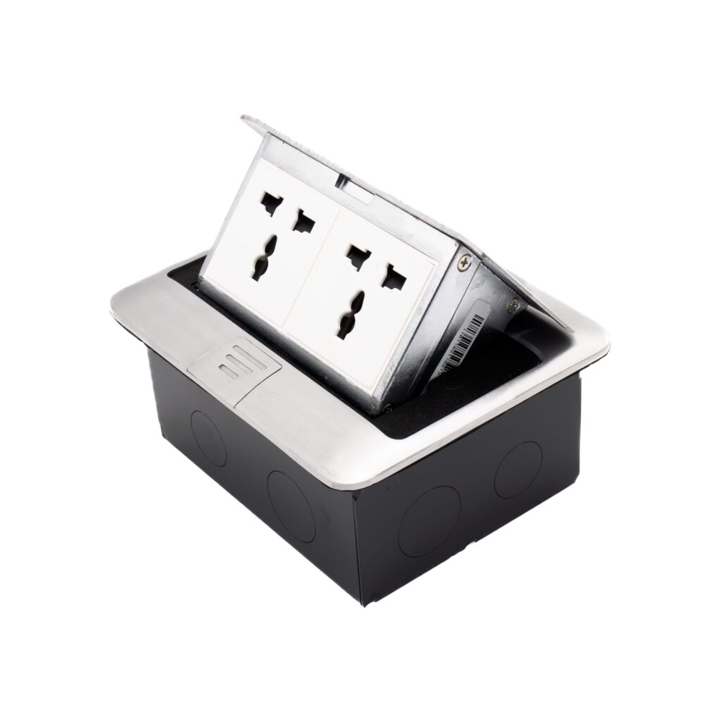 Admore APU16-2M 2 gang 16A universal multi-function brushed chrome pop-up floor socket with two multi-standard outlets accepting UK, EU, US and AU plugs