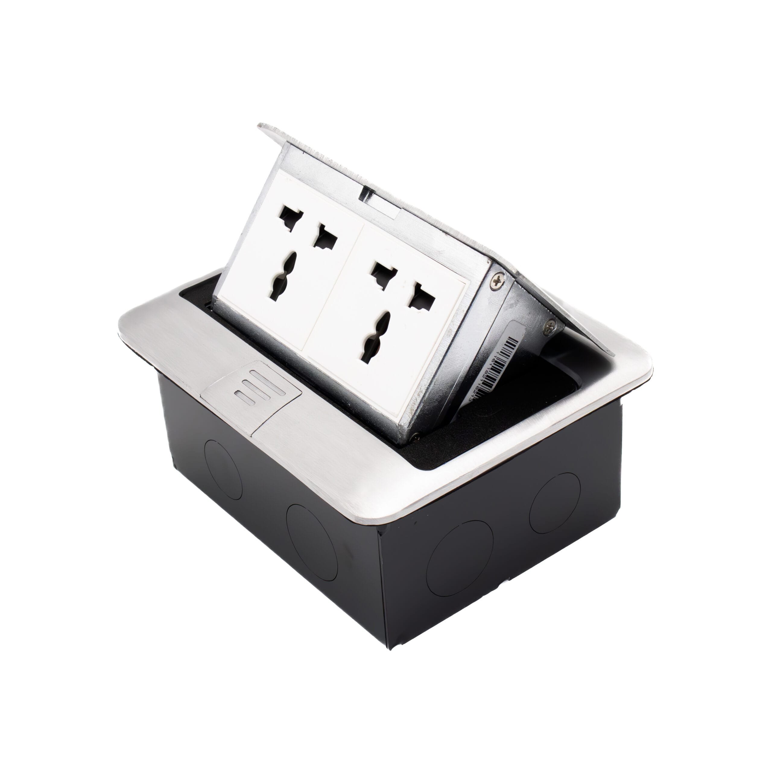 Admore APU16-2M 2 gang 16A universal multi-function brushed chrome pop-up floor socket with two multi-standard outlets accepting UK, EU, US and AU plugs