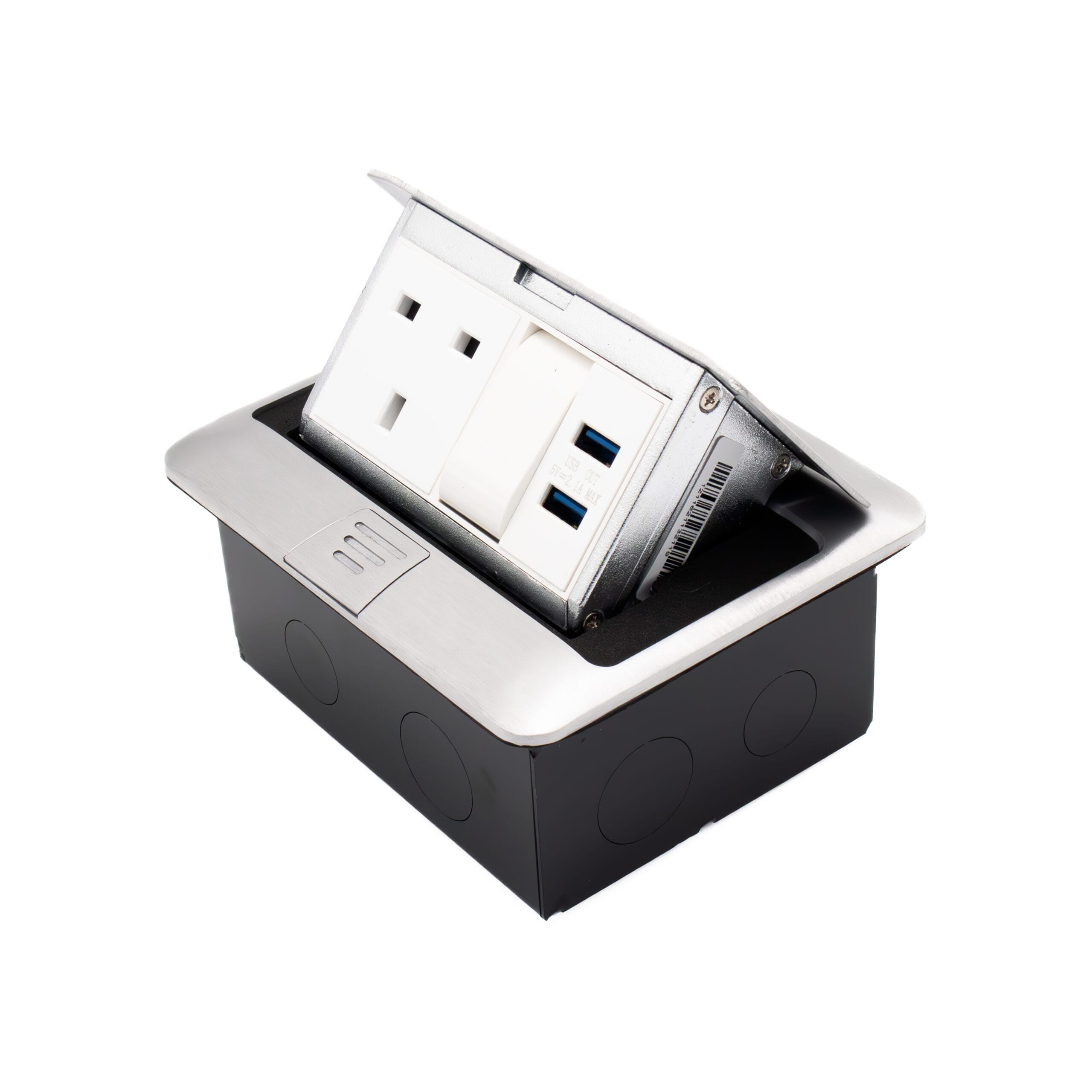 Admore APU13US 1 gang 13A brushed chrome pop-up floor socket with UK Type G outlet and two USB-A charging ports