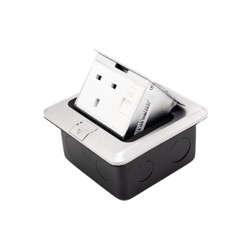 Admore APU13D 1 gang 13A brushed chrome pop-up floor socket with UK Type G outlet and data port, popup mechanism visible