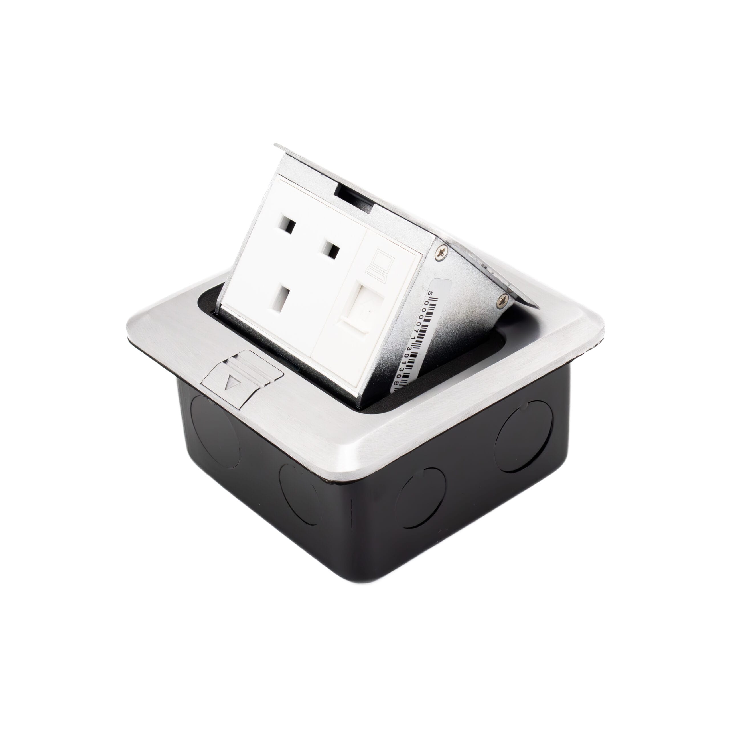 Admore APU13D 1 gang 13A brushed chrome pop-up floor socket with UK Type G outlet and data port, popup mechanism visible