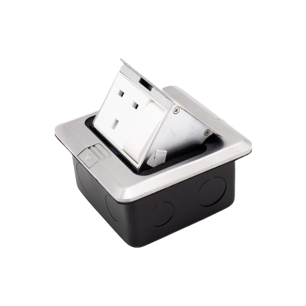 Admore APU13S 1 gang 13A switched brushed chrome pop-up floor socket with single UK Type G outlet