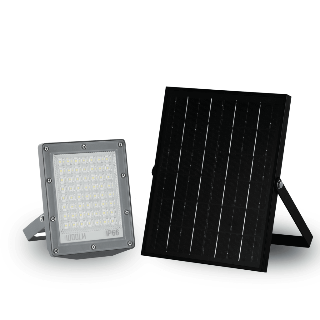 Admore A-SFL1K 1000lm solar LED flood light split design with gray aluminum flood housing (label confirms 1000LM IP66) and separate black polycrystalline solar panel on kickstand