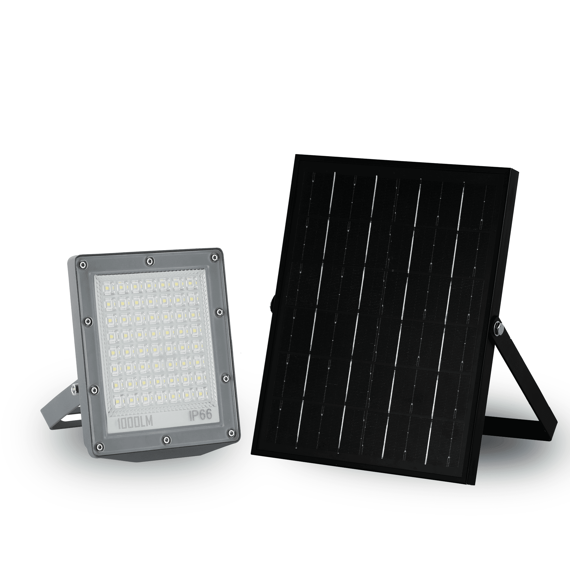 Admore A-SFL1K 1000lm solar LED flood light split design with gray aluminum flood housing (label confirms 1000LM IP66) and separate black polycrystalline solar panel on kickstand