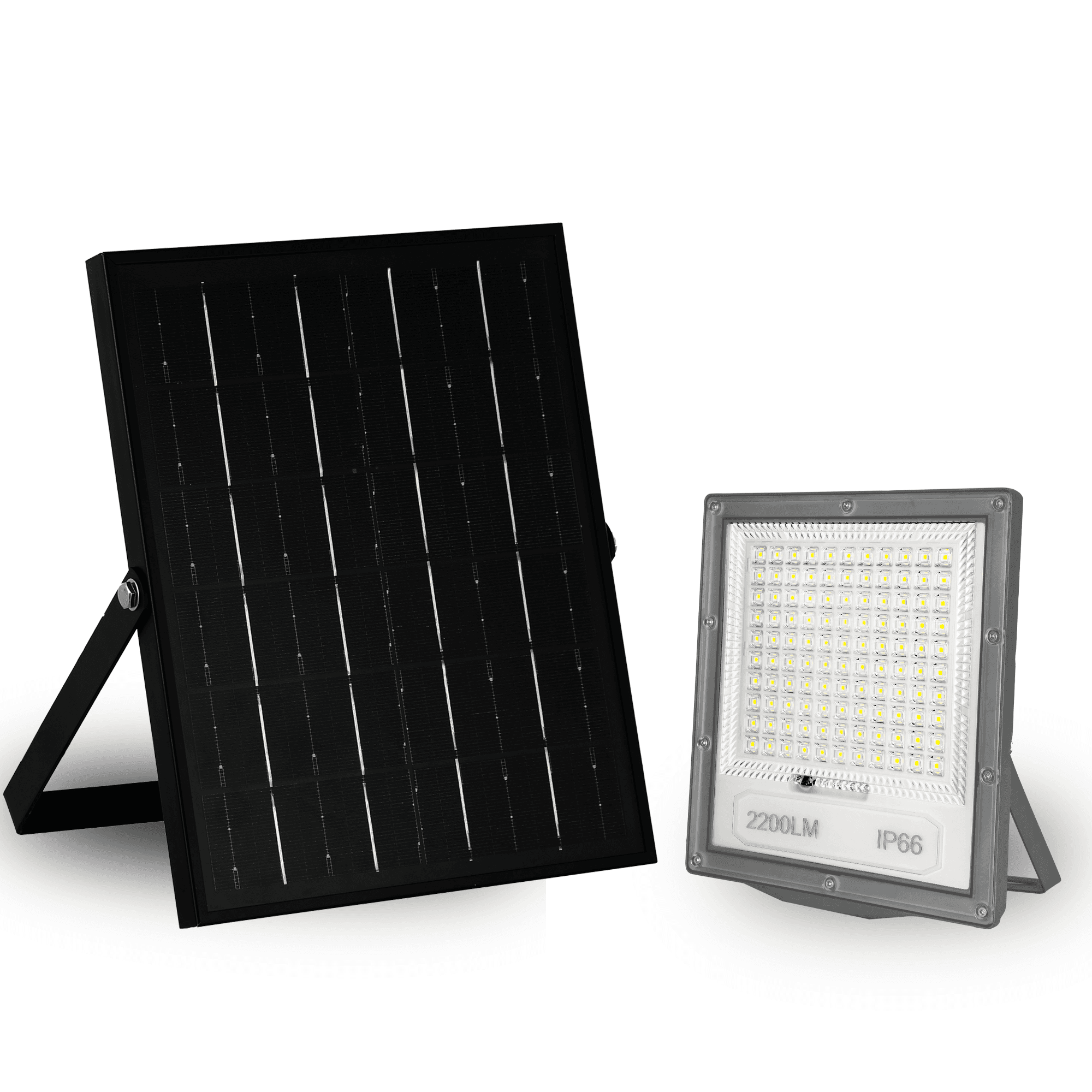 Admore A-SFL2K 2200lm solar LED flood light split design with gray aluminum flood housing (label confirms 2200LM IP66) and separate black polycrystalline solar panel on kickstand