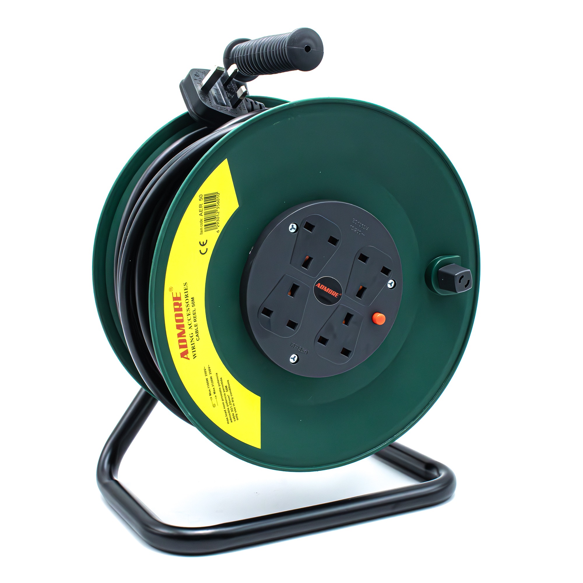 Admore 4 Gang 13A Retractable Socket Extension Reel with 50 m Cable — Green & Black (AER50)
