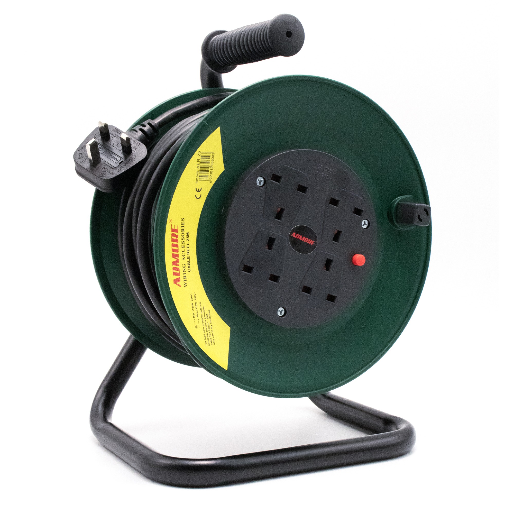 Admore 4 Gang 13A Retractable Socket Extension Reel with 25 m Cable — Green & Black (AER25)