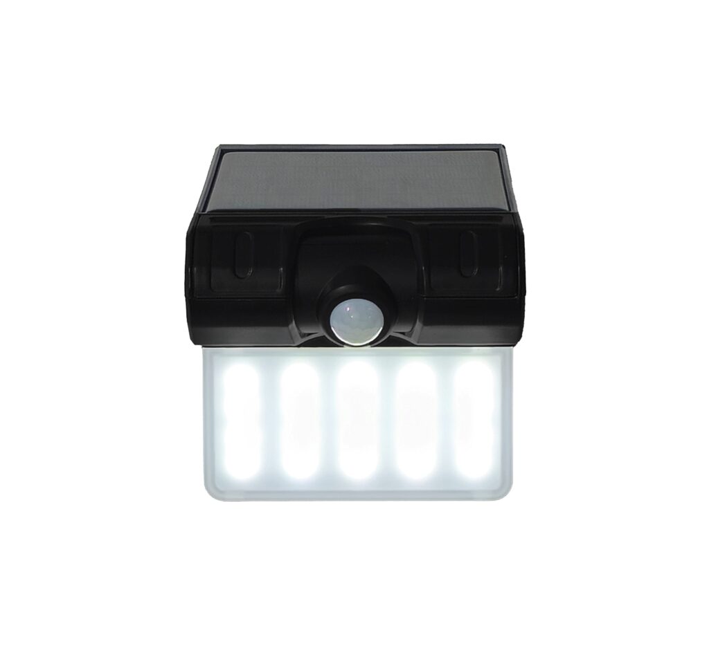 Admore A-SWL1 compact solar LED wall light with integrated black solar panel on top, central PIR motion sensor dome, and 5 vertical LED strips behind white diffuser at bottom