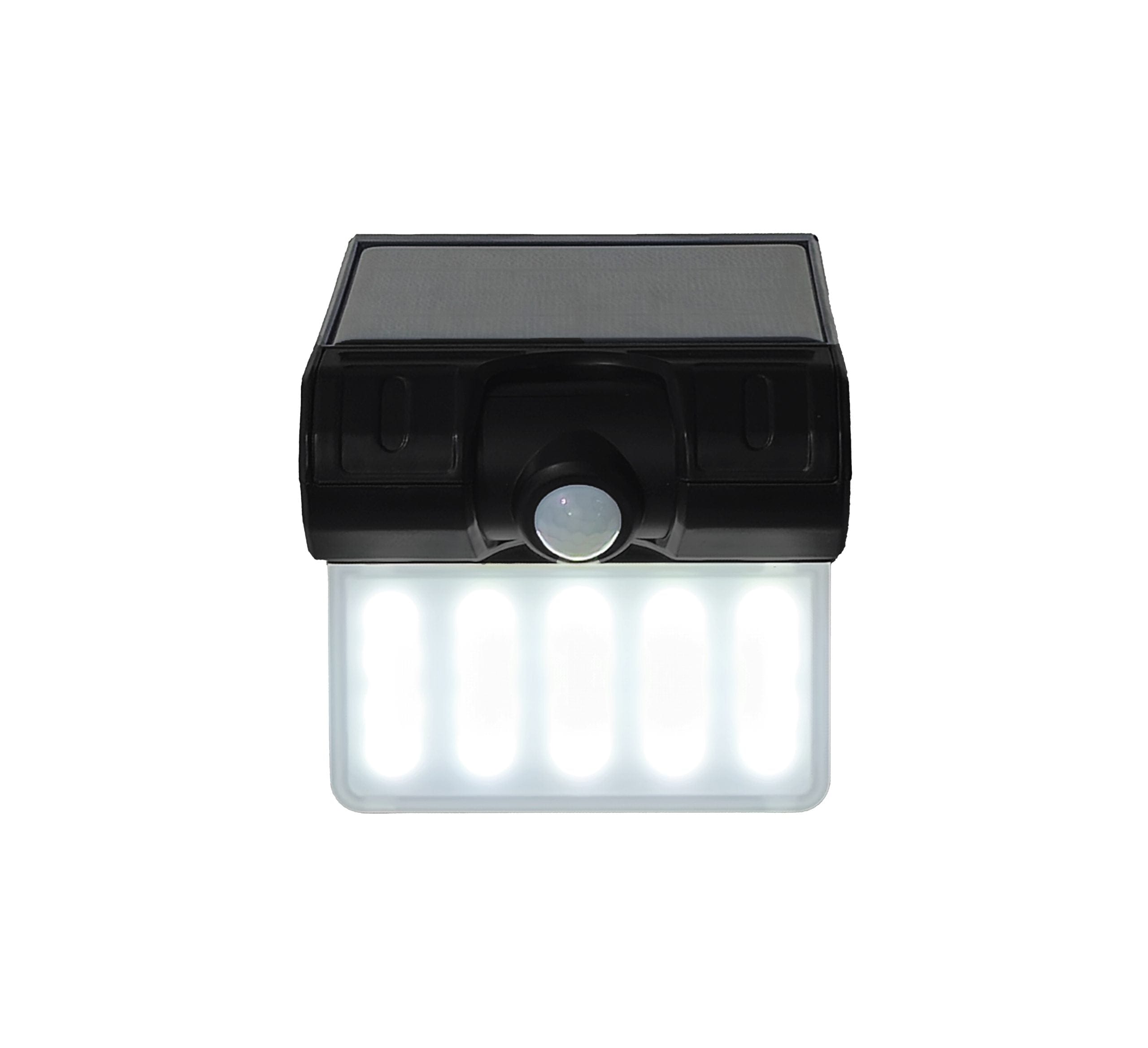 Admore A-SWL1 compact solar LED wall light with integrated black solar panel on top, central PIR motion sensor dome, and 5 vertical LED strips behind white diffuser at bottom