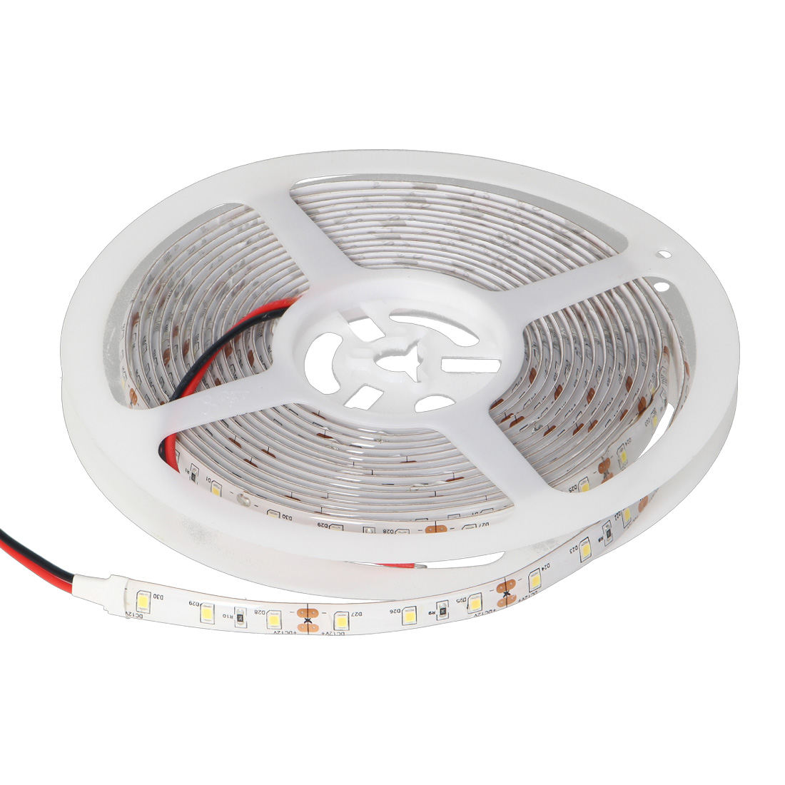 Admore A-12VSMD 5-meter 12V DC SMD LED strip light reel with attached red and black DC power leads on a clear plastic spool