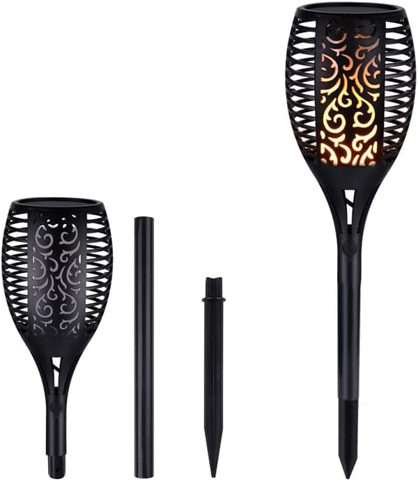 Admore A-GL05 2W solar LED flame-effect torch light shown unlit and illuminated, with included ground spike and pole extension