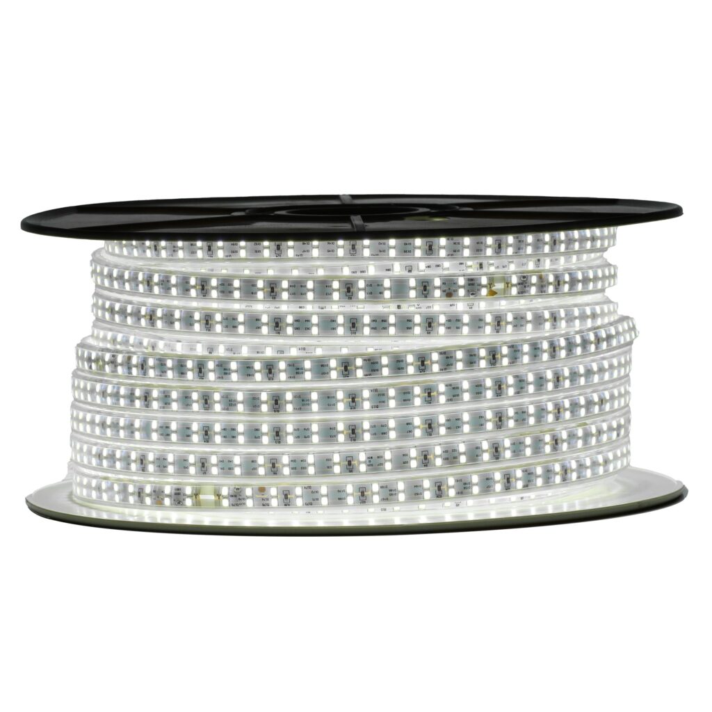 Powered-on Admore A-WLSL2-DL 50-meter daylight LED rope light reel showing two rows of bright white SMD LEDs in a clear IP65 sleeve on a black spool
