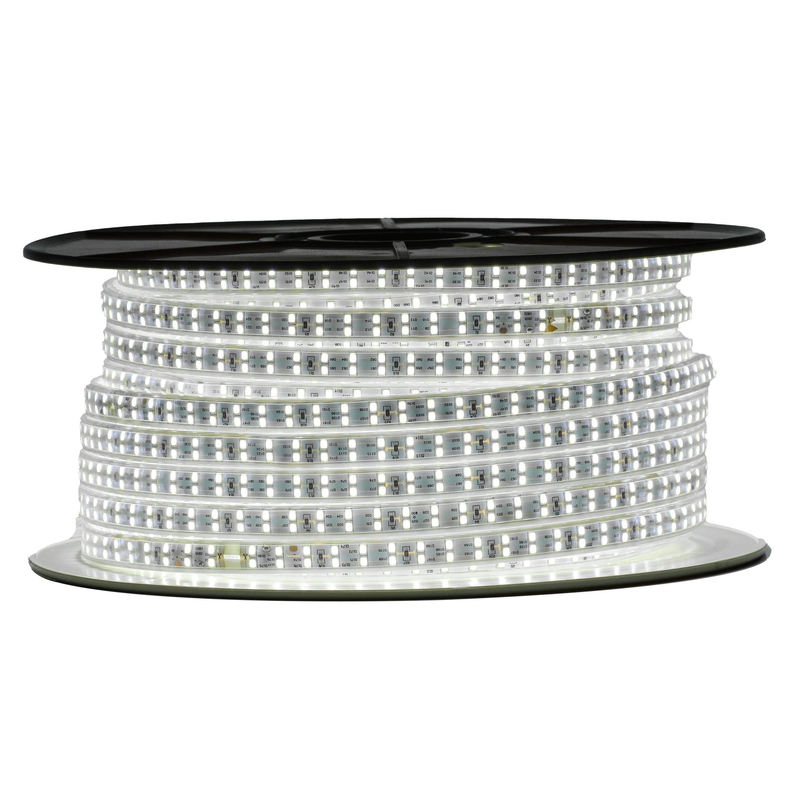 Powered-on Admore A-WLSL2-DL 50-meter daylight LED rope light reel showing two rows of bright white SMD LEDs in a clear IP65 sleeve on a black spool