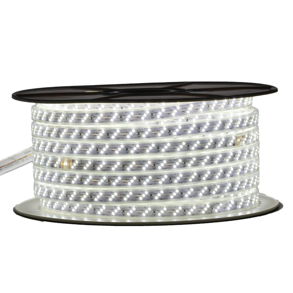 Powered-on Admore A-WLSL3-DL 50-meter daylight LED rope light reel showing three rows of bright white SMD LEDs in a clear IP65 sleeve on a black spool