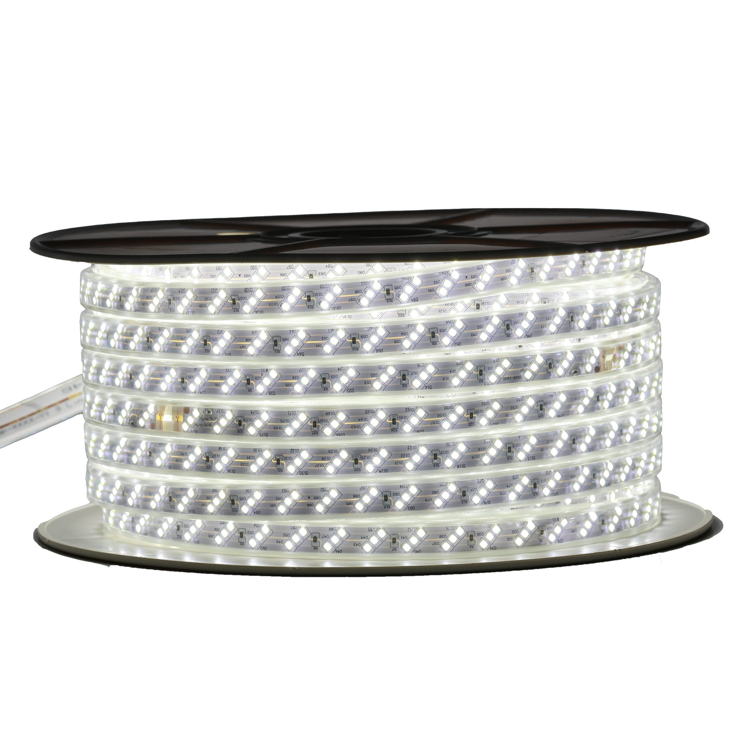 Powered-on Admore A-WLSL3-DL 50-meter daylight LED rope light reel showing three rows of bright white SMD LEDs in a clear IP65 sleeve on a black spool