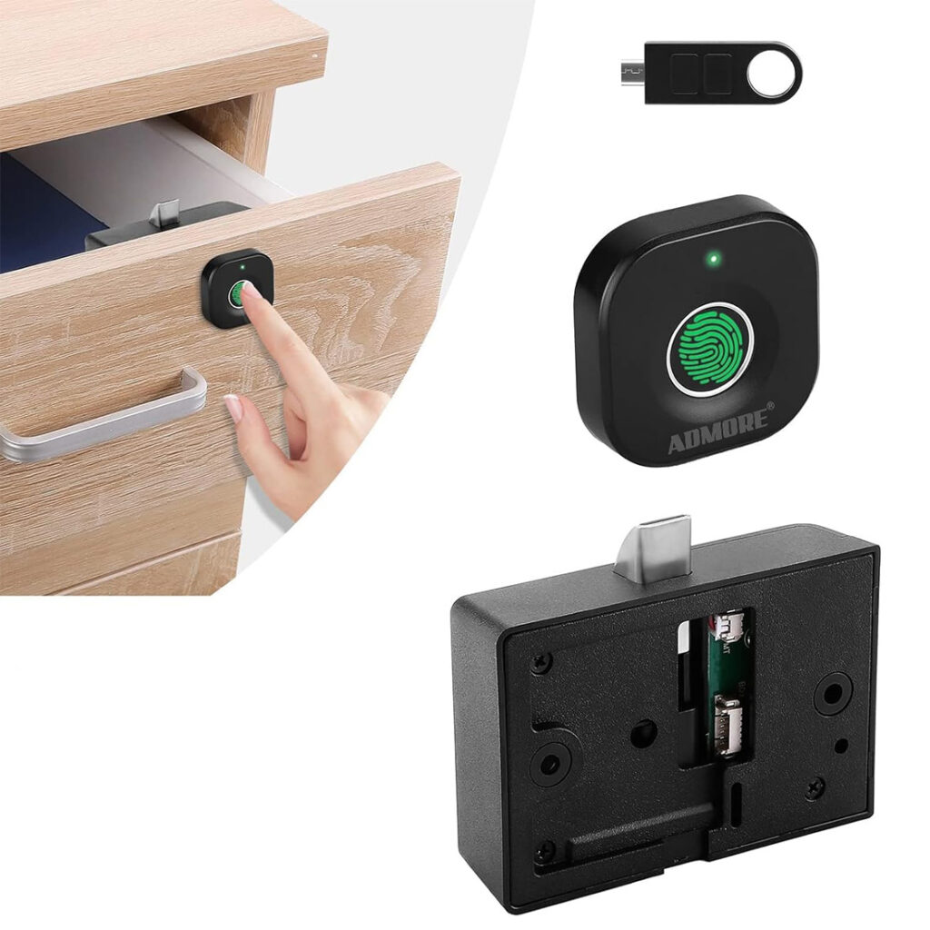 Admore A-DL1 compact square fingerprint sensor mounted on a wooden drawer front, with concealed black lock body and USB-C charging key