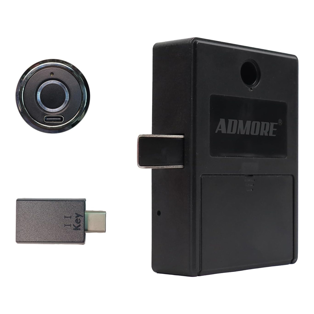 Admore A-DL2 round black fingerprint sensor with chrome bezel and visible USB-C port, beside the concealed lock body and USB key adapter