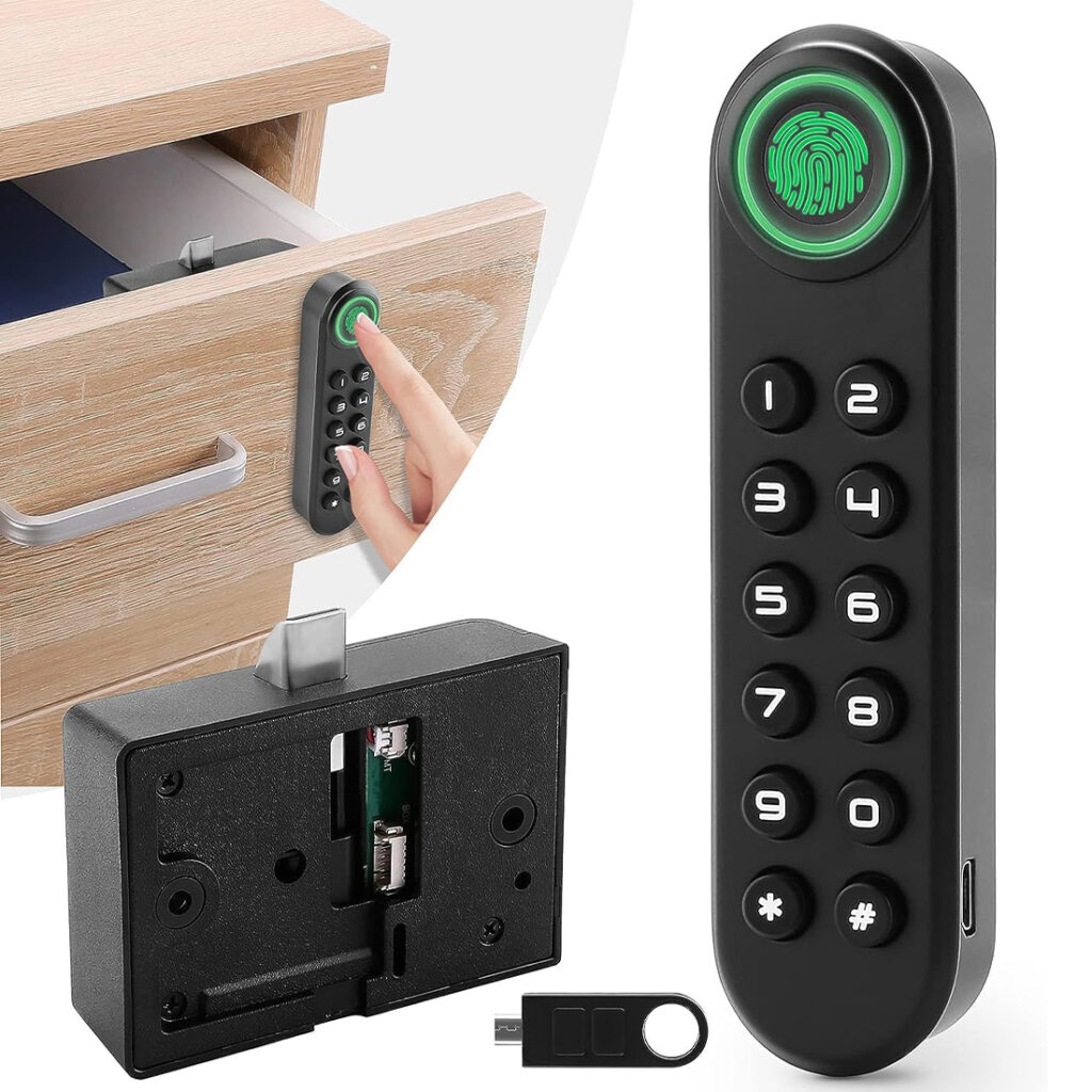 Admore A-DL4 vertical fingerprint and 12-key keypad cabinet lock mounted on a wooden drawer, with concealed lock body and USB-C charging key