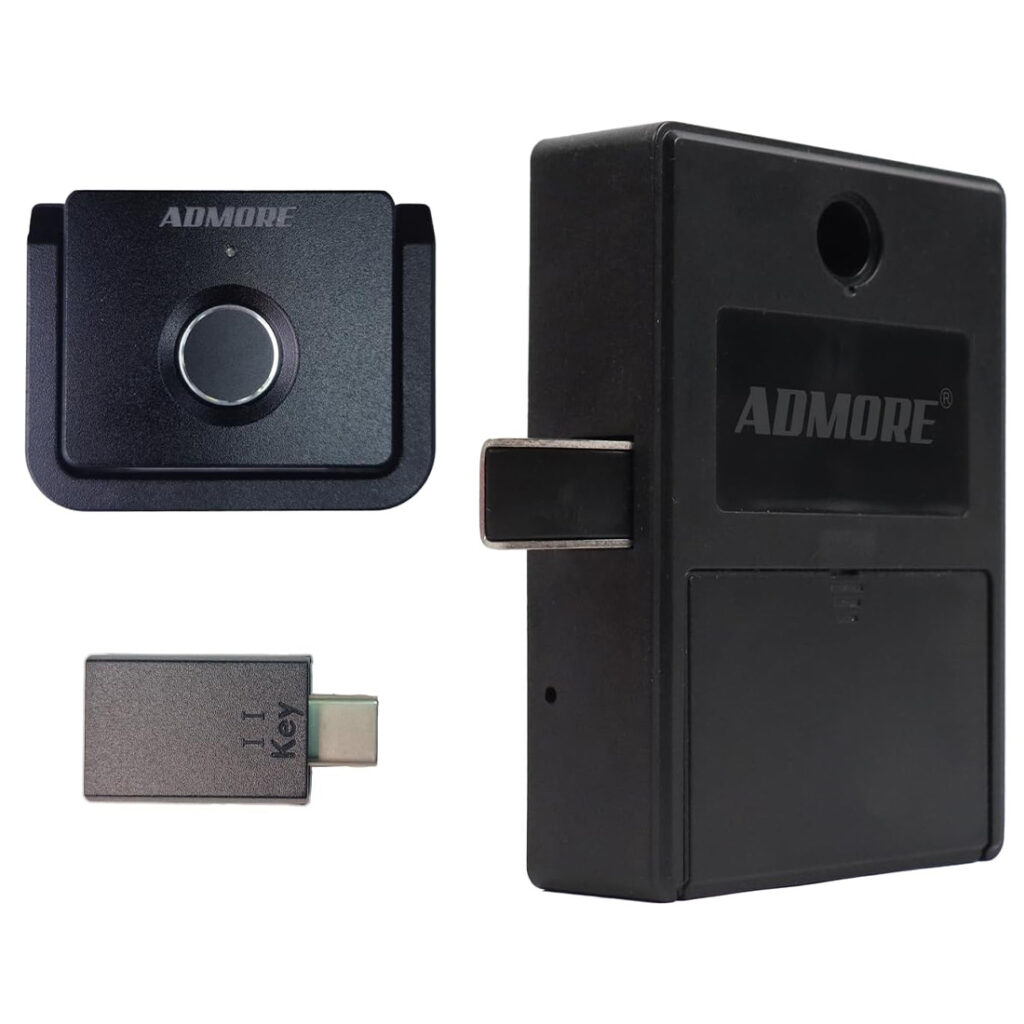 Admore A-DL3 black rectangular fingerprint sensor housing with chrome-ringed button, beside the concealed lock body and USB-C key adapter
