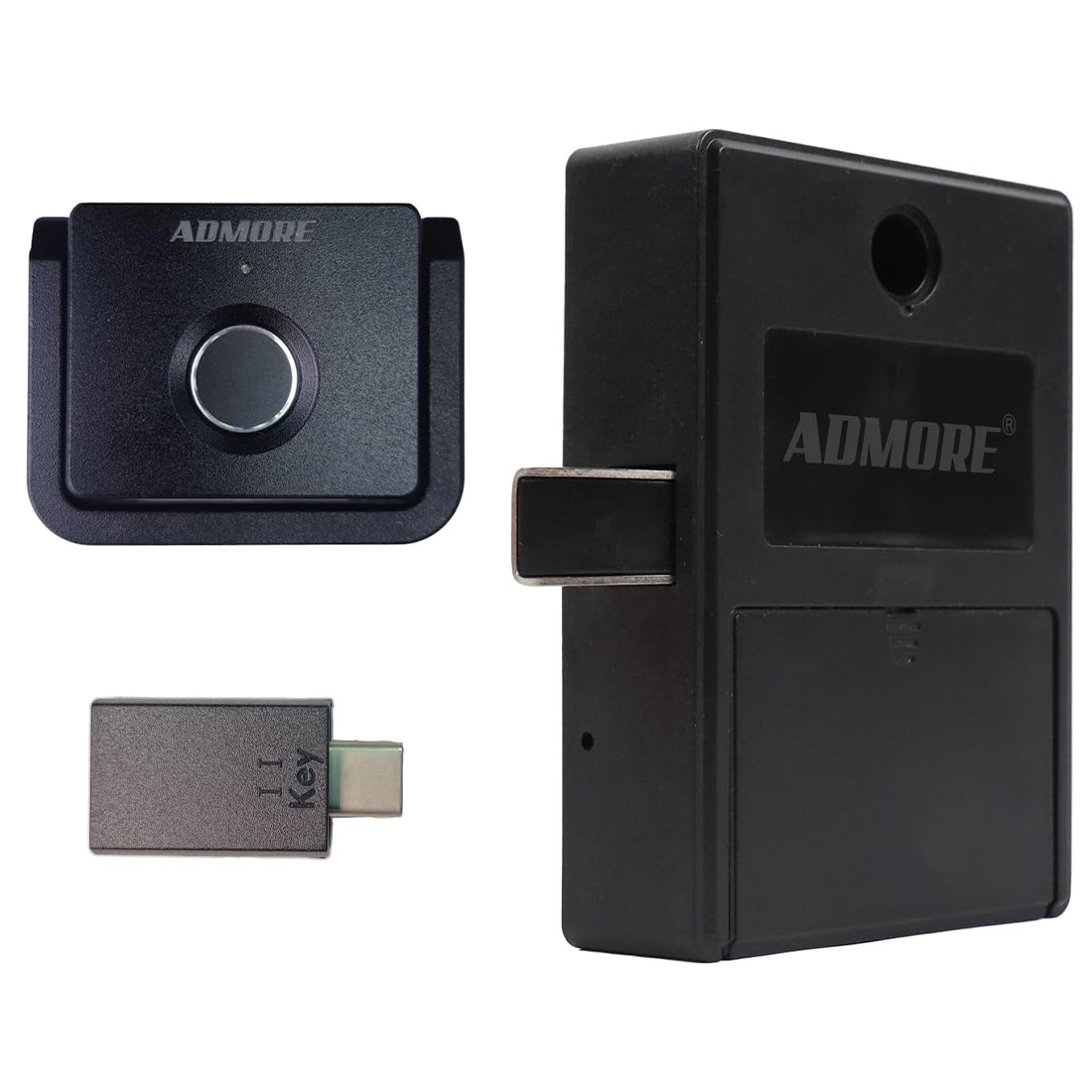 Admore A-DL3 black rectangular fingerprint sensor housing with chrome-ringed button, beside the concealed lock body and USB-C key adapter