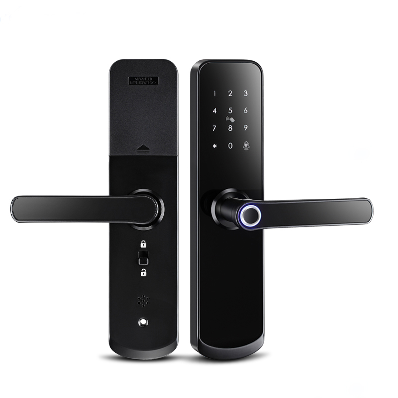 Admore A260 black smart door lock with touch PIN keypad on the exterior face, integrated fingerprint scanner in the handle base, and matching slim interior escutcheon