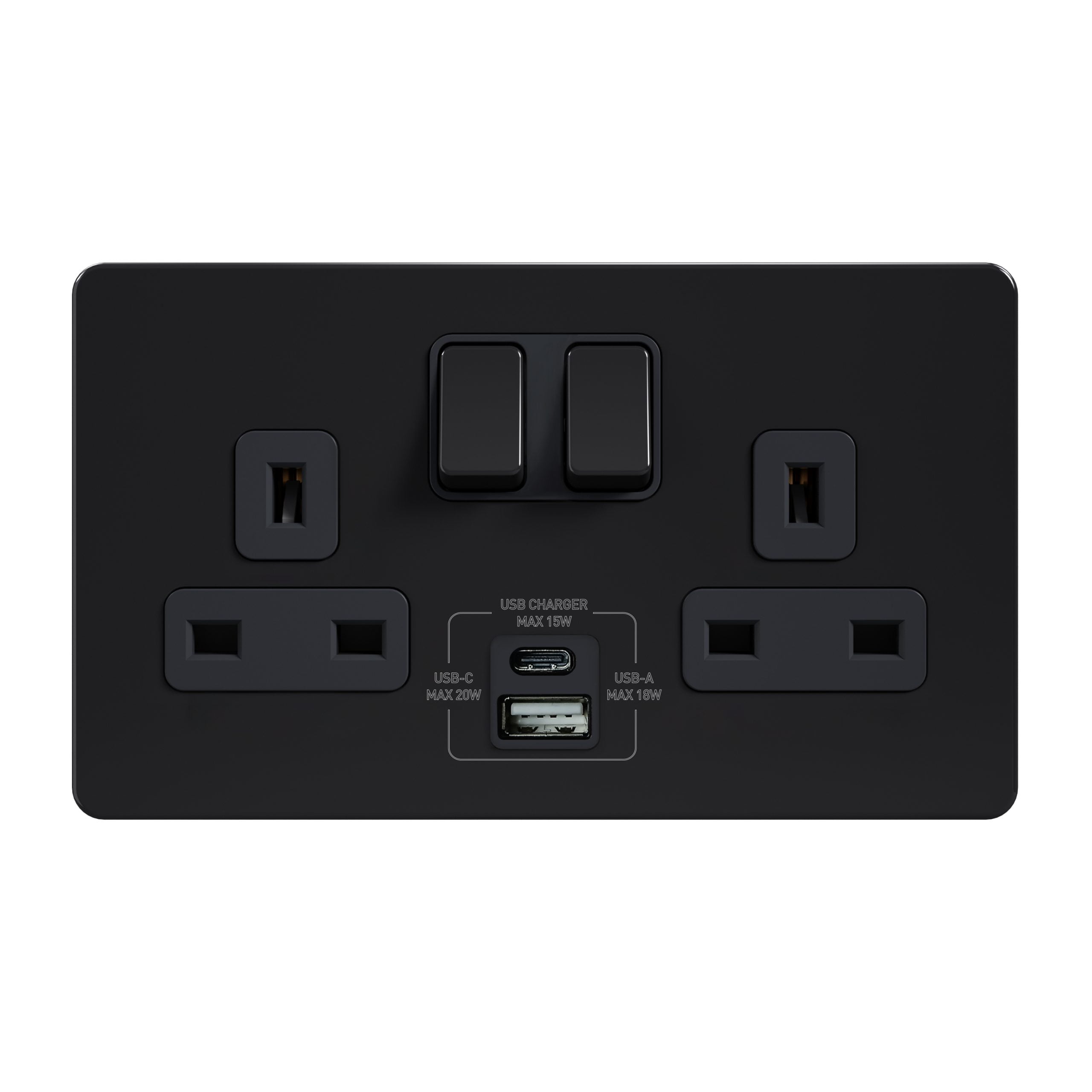 Admore 13A 2 Gang Switched Socket with USB-A & USB-C — Black Nickel Metal Series (AB410-U)
