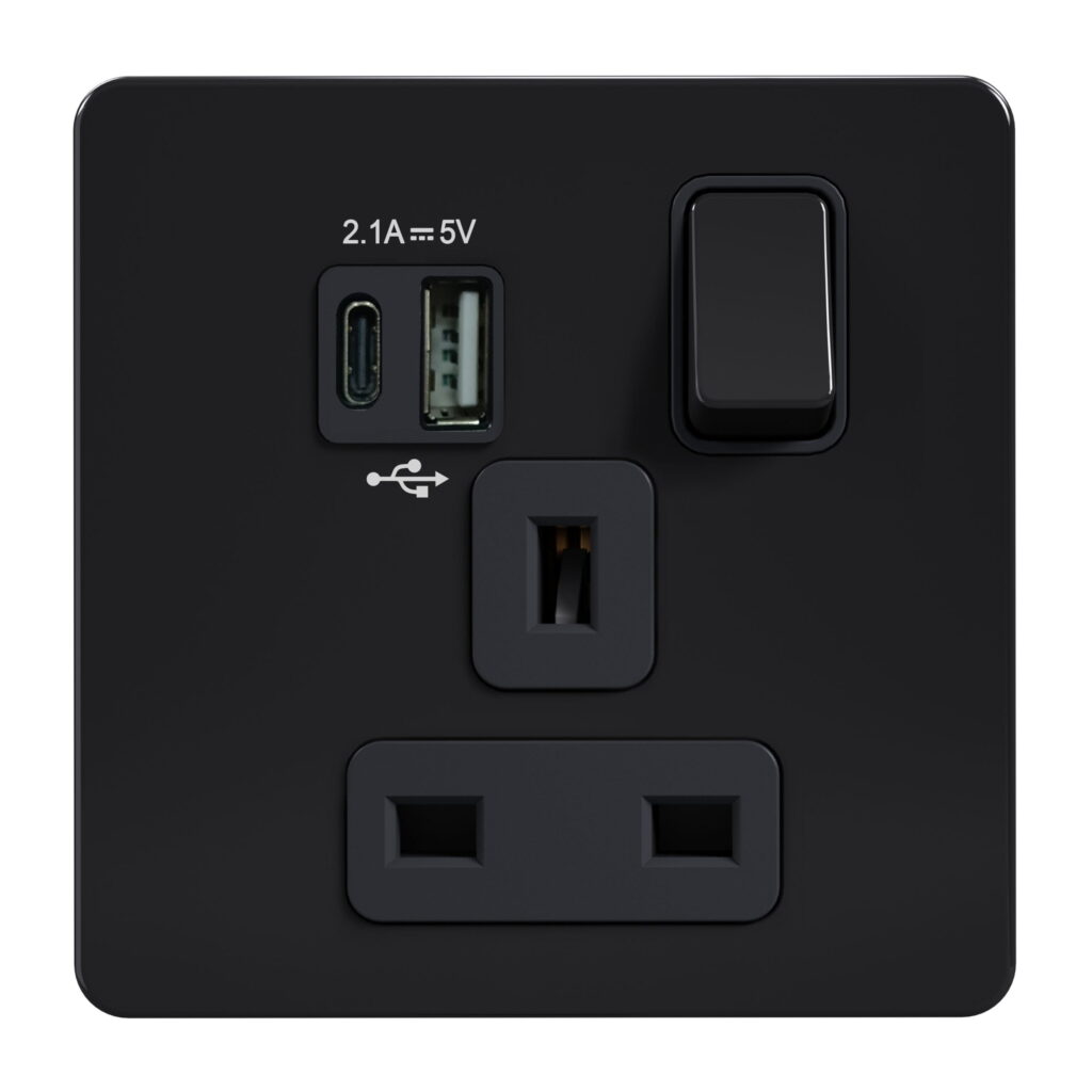 Admore AB409-U 13A 1-gang switched socket with USB-A and USB-C charger ports — gloss black screwless stainless steel plate, black rocker on the right, black insert on the UK Type G outlet, on-plate label printed "2.1A 5V" between the USB-A and USB-C ports