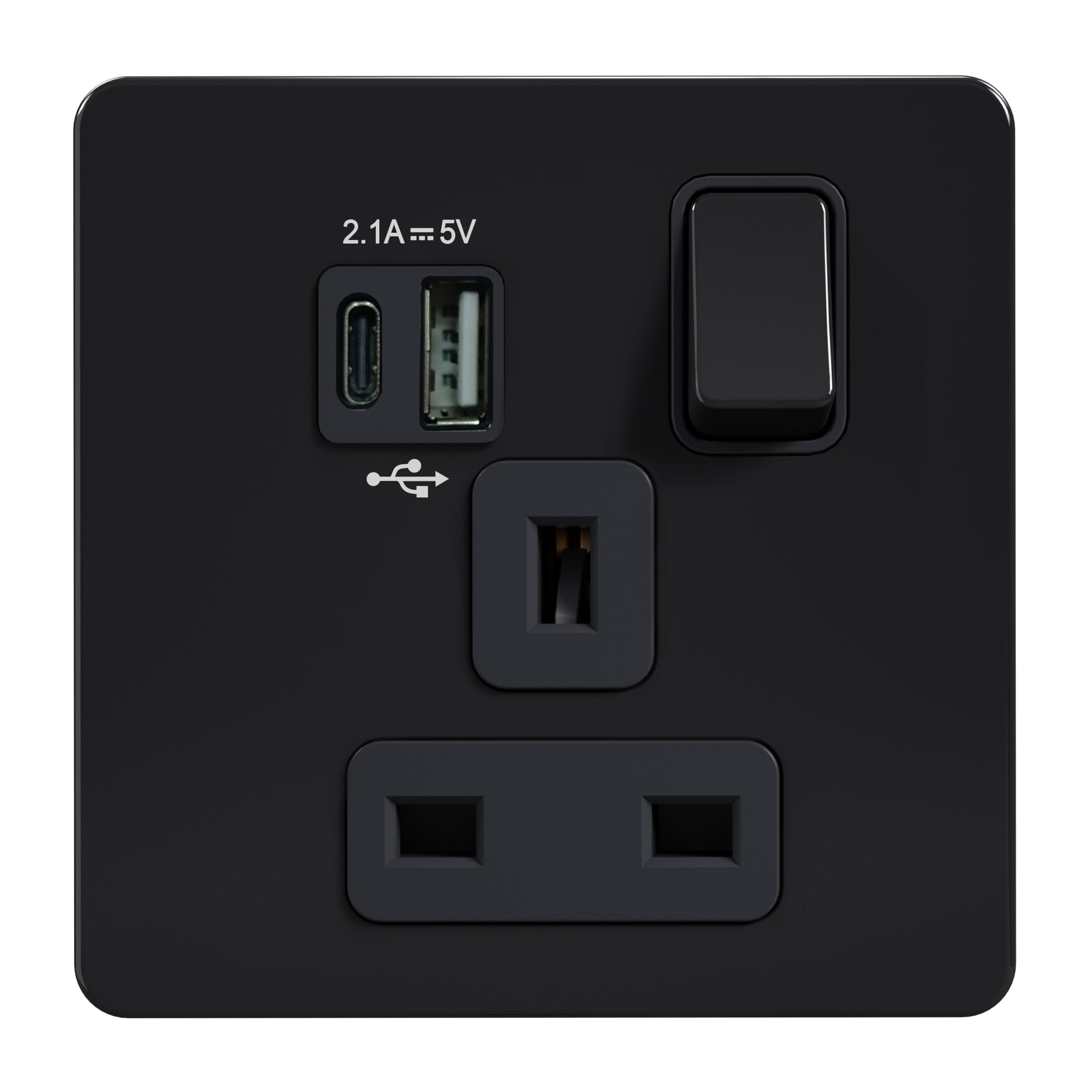 Admore AB409-U 13A 1-gang switched socket with USB-A and USB-C charger ports — gloss black screwless stainless steel plate, black rocker on the right, black insert on the UK Type G outlet, on-plate label printed "2.1A 5V" between the USB-A and USB-C ports