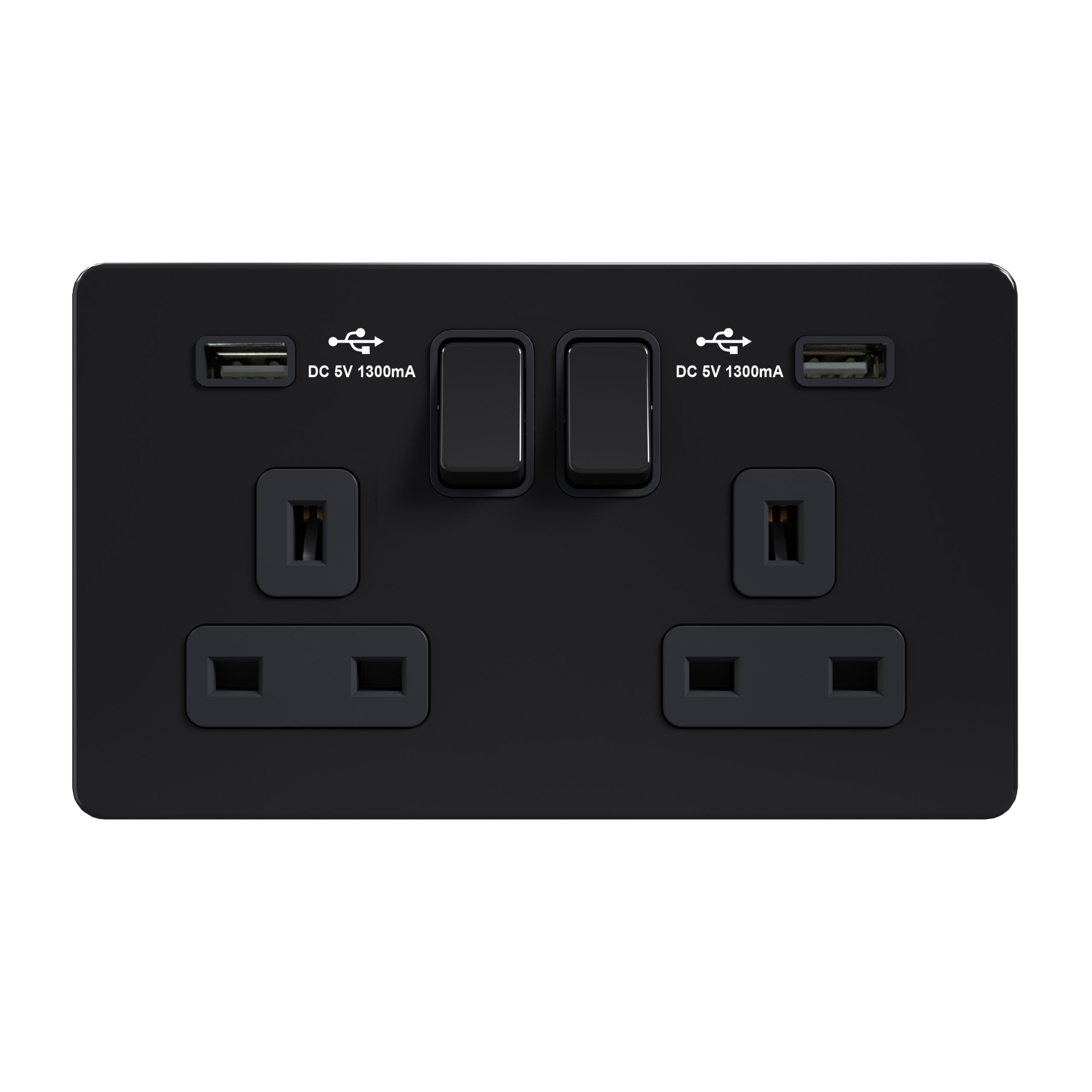 Admore 13A 2 Gang Switched Socket with USB — Black Nickel Metal Series (AB408U)