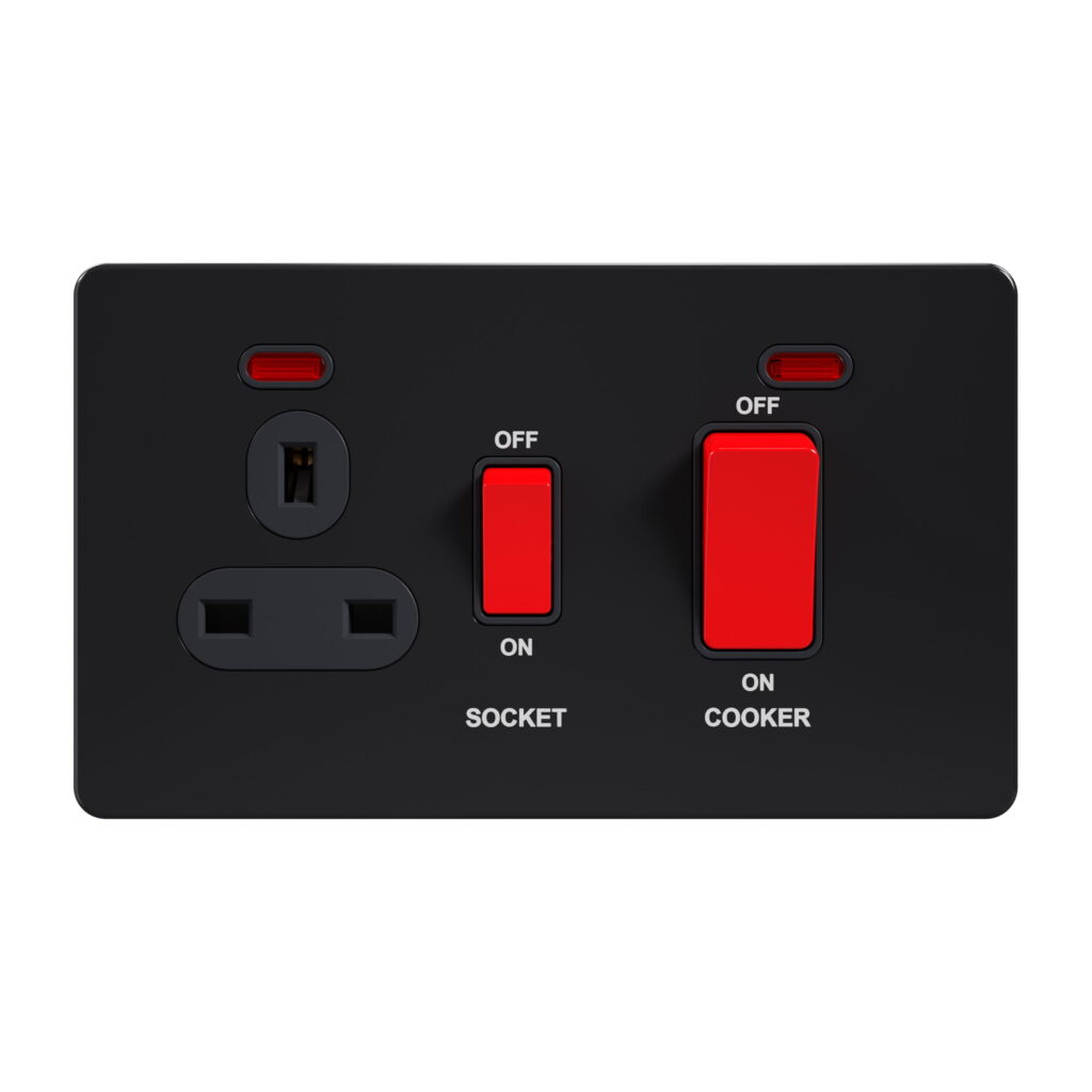 Admore AB331 Cooker Control Unit — 2-gang rectangular gloss black screwless stainless steel plate combining a 13A UK Type G switched socket on the left (smaller red rocker labelled SOCKET) and a 45A Double Pole cooker switch on the right (larger red rocker labelled COOKER); twin red neon indicators above the rockers, white OFF/ON labels (Metal Series: Black Nickel)