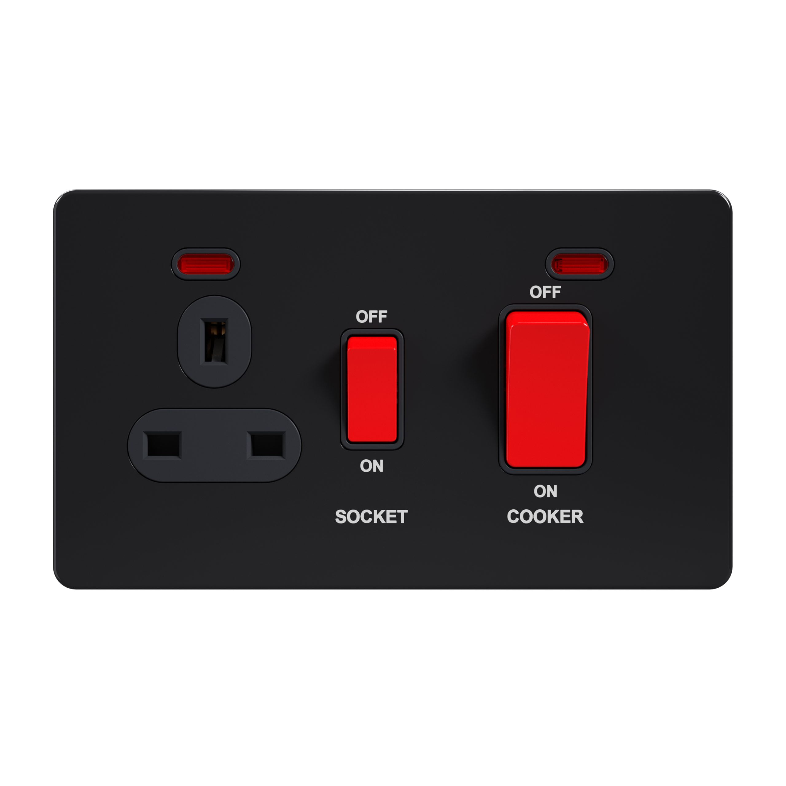 Admore AB331 Cooker Control Unit — 2-gang rectangular gloss black screwless stainless steel plate combining a 13A UK Type G switched socket on the left (smaller red rocker labelled SOCKET) and a 45A Double Pole cooker switch on the right (larger red rocker labelled COOKER); twin red neon indicators above the rockers, white OFF/ON labels (Metal Series: Black Nickel)