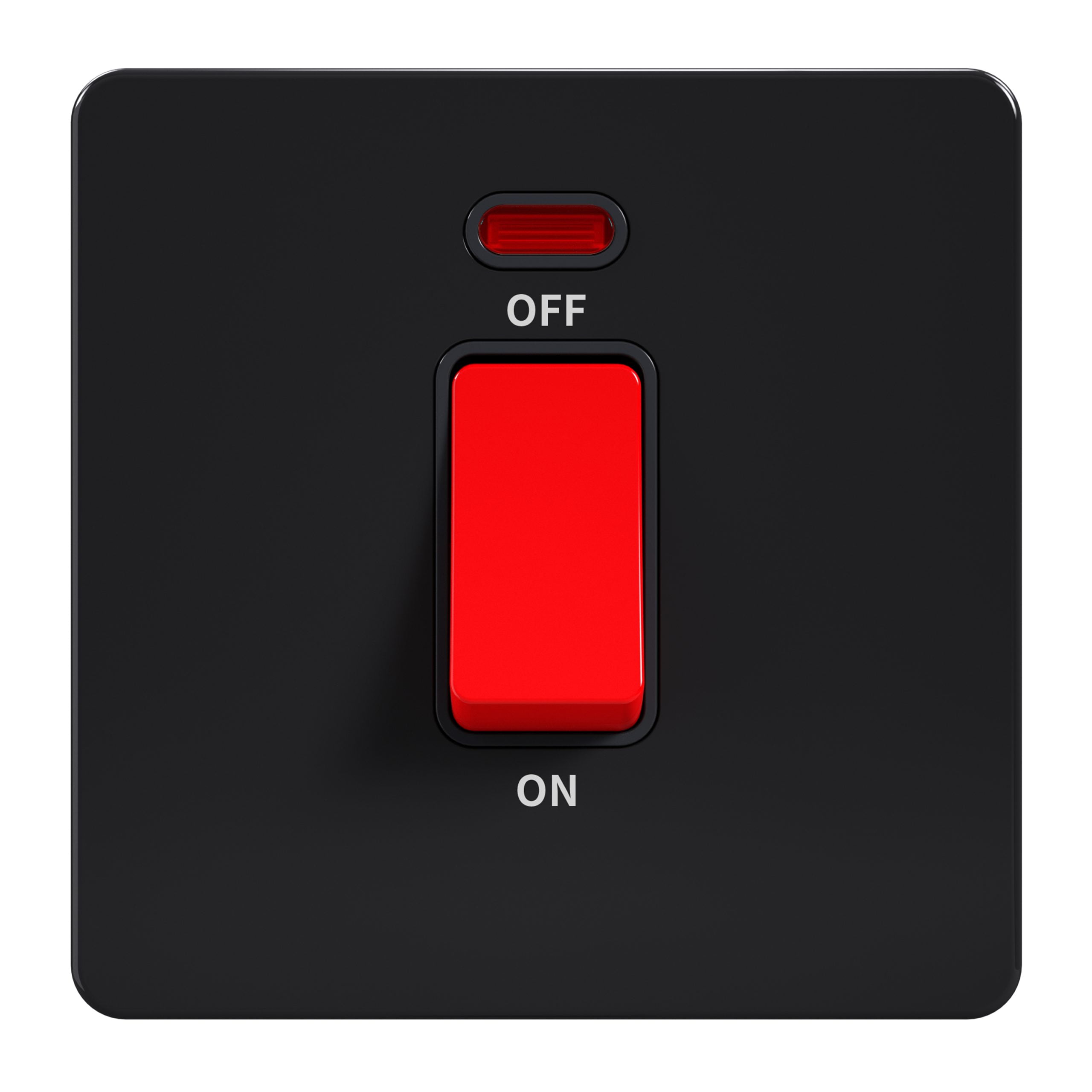 Admore AB327 45A Double Pole (DP) cooker switch — gloss black screwless stainless steel 1-gang square 3x3 module plate with large RED rocker, white printed 'OFF' above and 'ON' below, red neon indicator at top (Metal Series: Black Nickel)