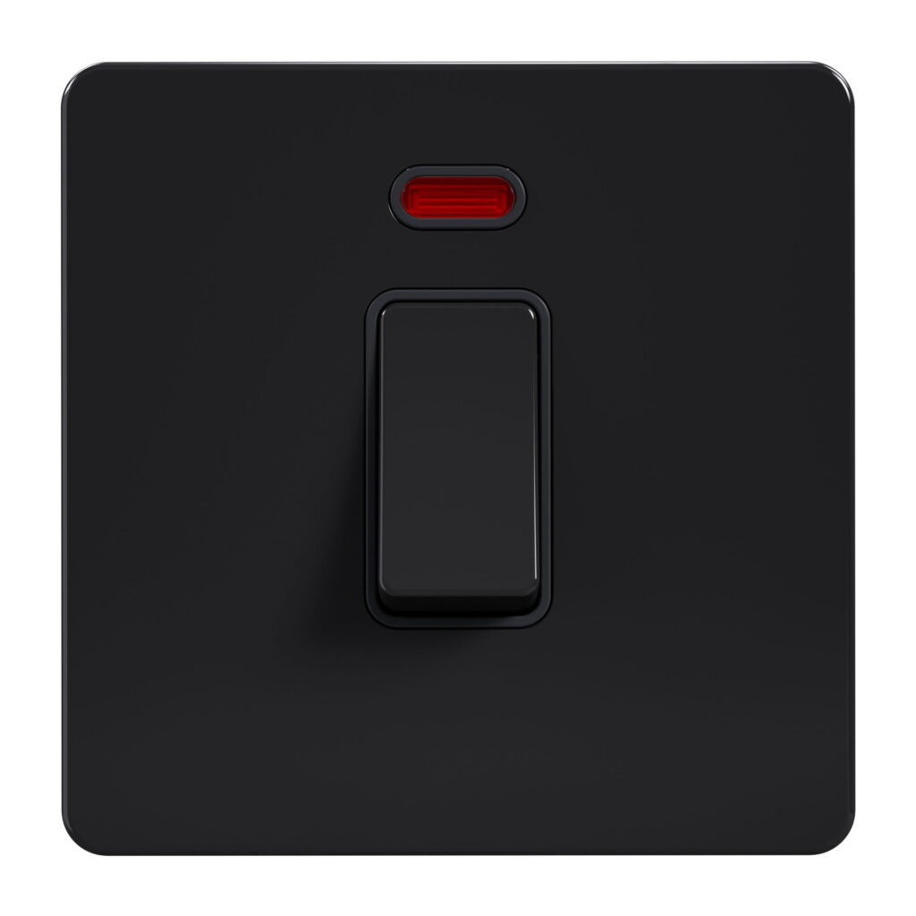 Admore AB324 20A Double Pole (DP) isolator switch with red neon indicator — gloss black screwless stainless steel 1-gang square plate with single black rocker, red neon at top of plate, no on/off text labels (Metal Series: Black Nickel)