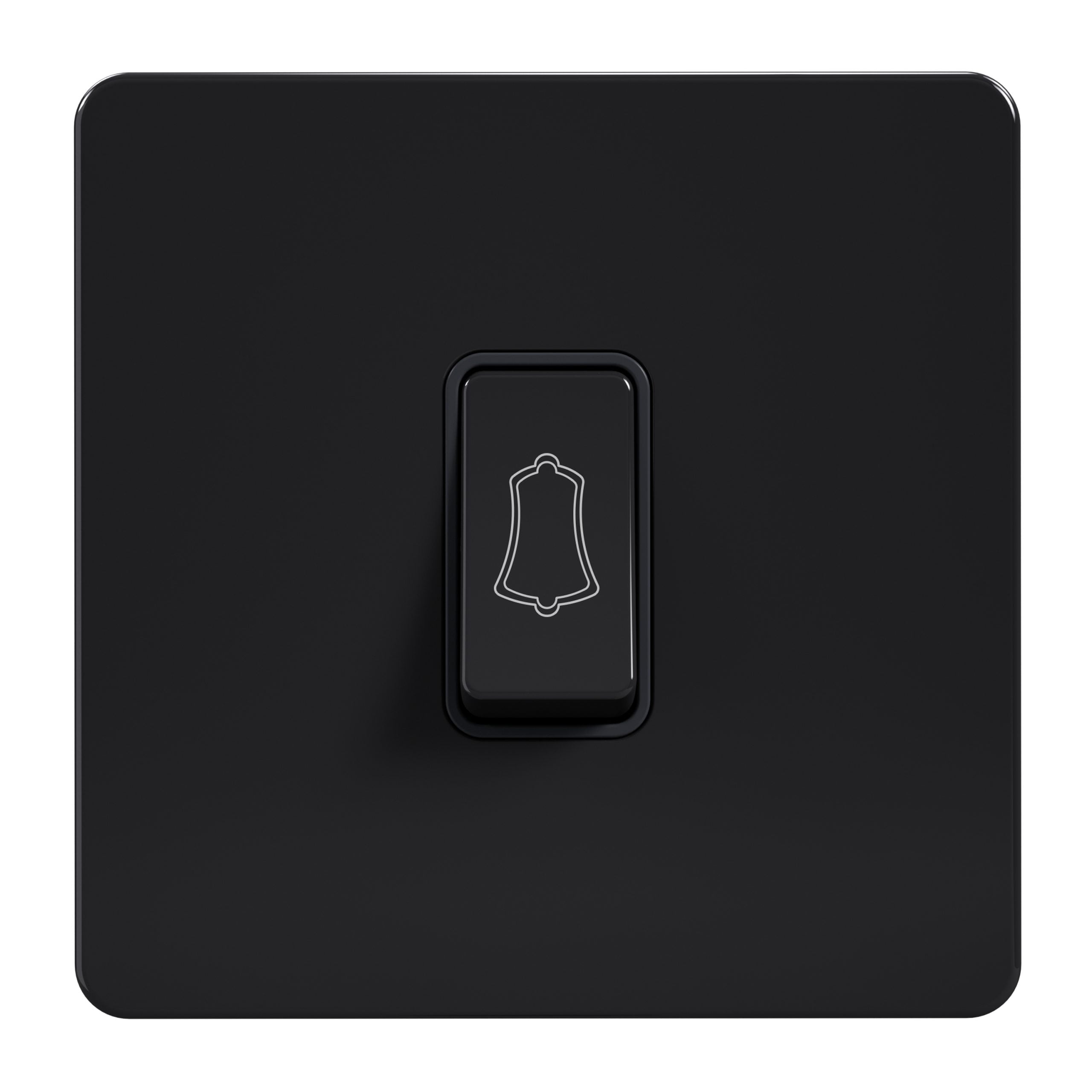 Admore AB317 10A bell push (momentary/retractive) switch — gloss black screwless stainless steel 1-gang square plate with single black rocker carrying a printed white-outline bell symbol, no neon indicator (Metal Series: Black Nickel)